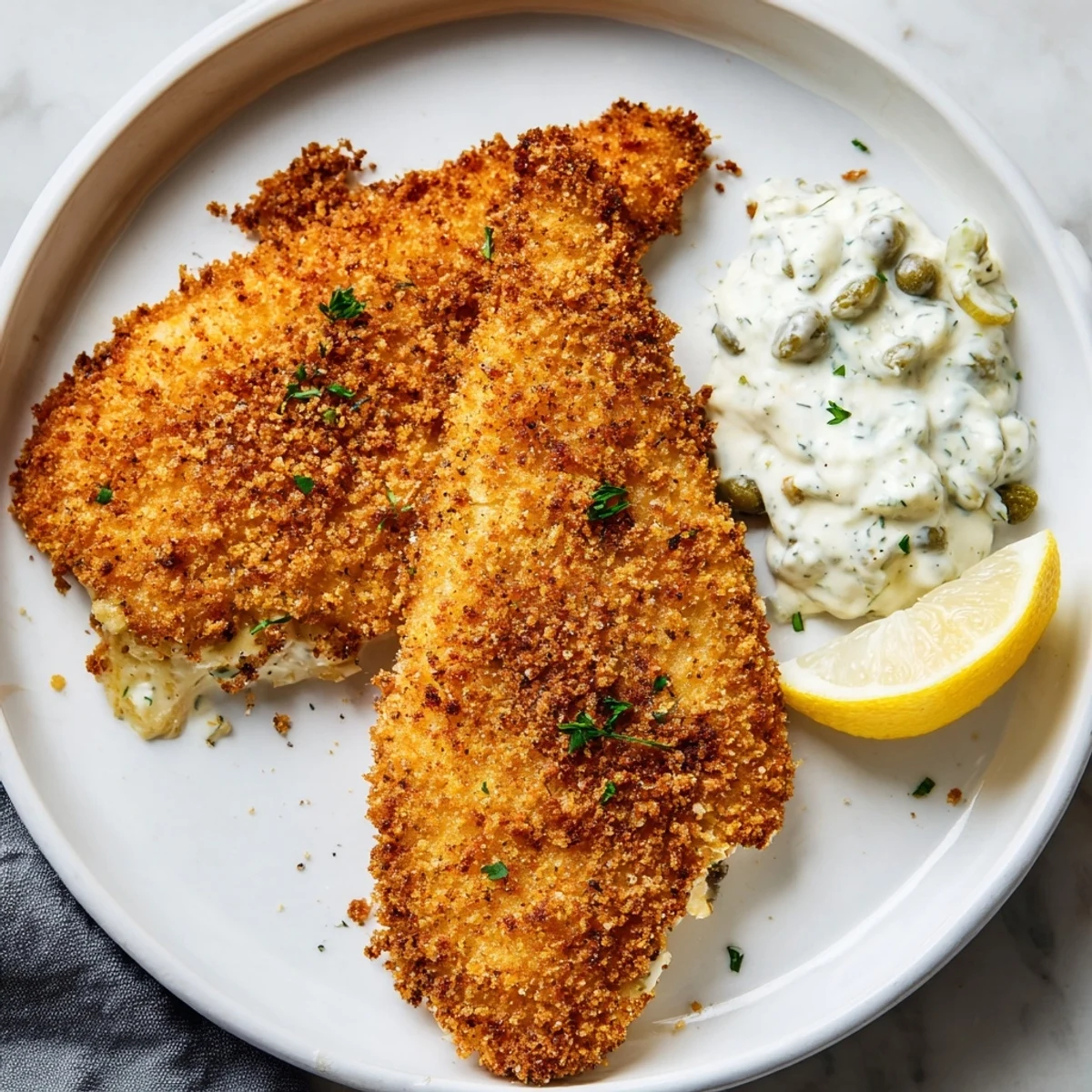 A close-up of golden-brown Fish Fry with Tartar Sauce, ready to serve with pickles and capers.