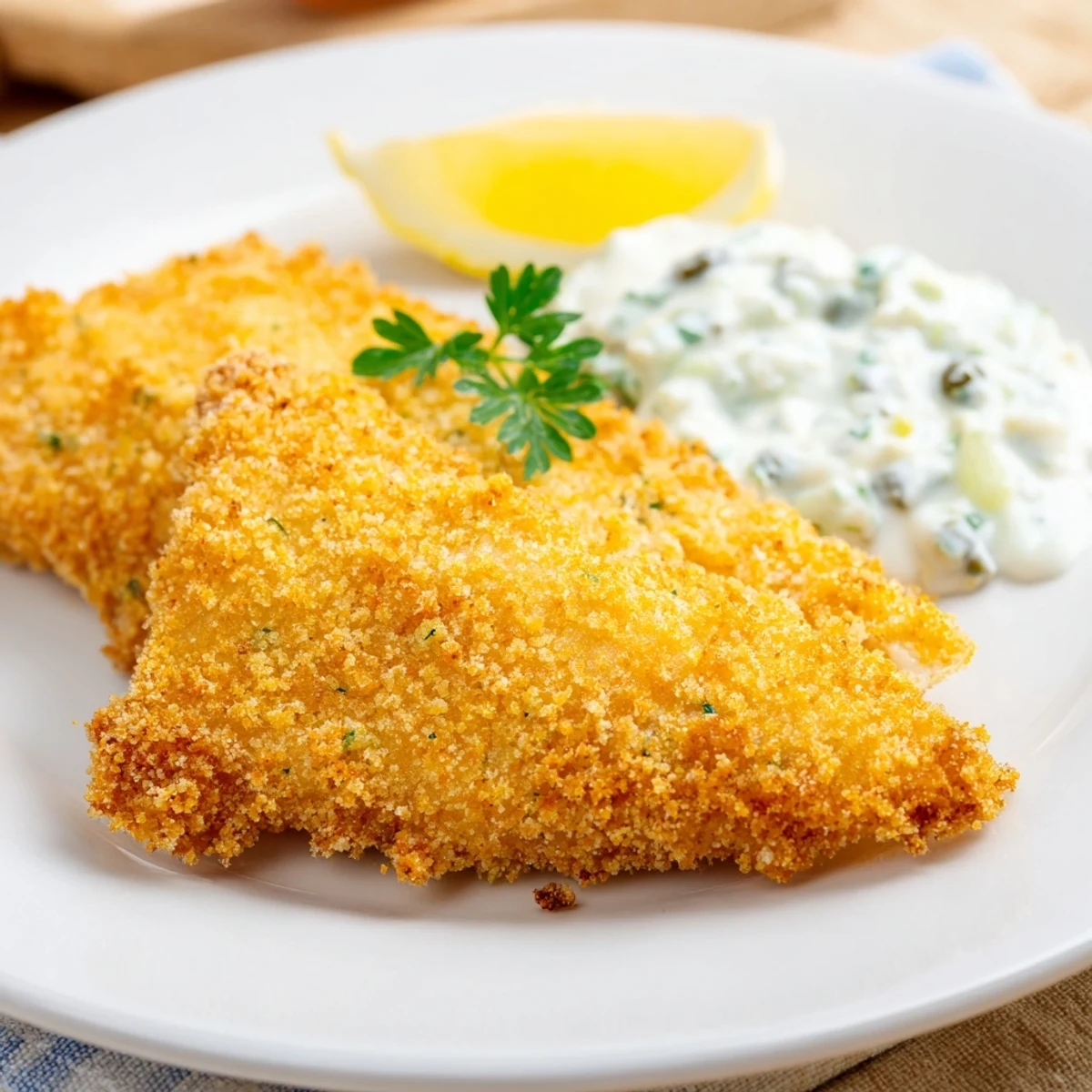 Golden Fish Fry with Tartar Sauce on a plate, garnished with parsley and lemon for a family dinner.