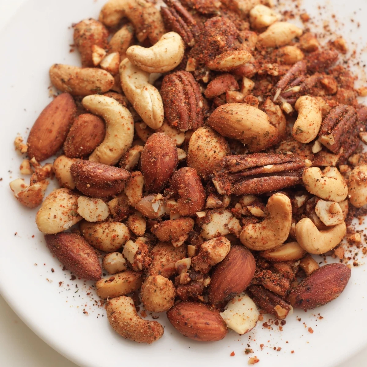 A close-up of Spicy Nuts Mix with Cajun seasoning glistening on a baking sheet, roasted to golden brown perfection.  