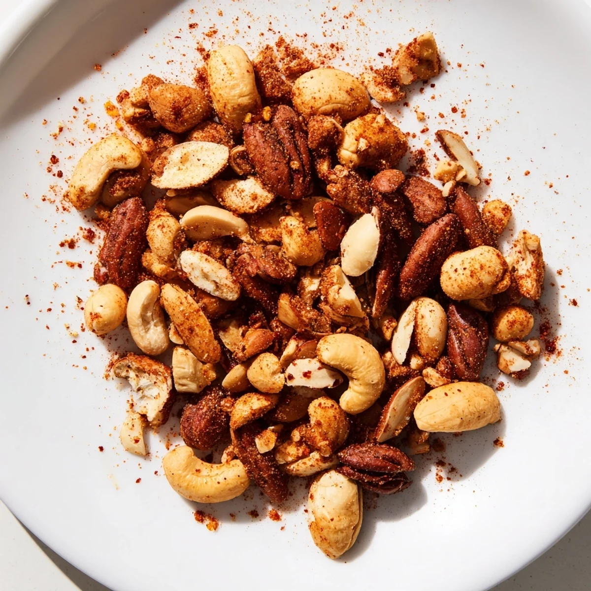 A bowl of Spicy Nuts Mix with Cajun seasoning ready to serve, garnished with fresh thyme and cayenne.  