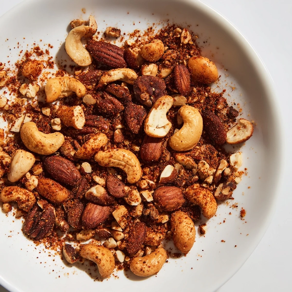 Overhead view of Spicy Nuts Mix with Cajun seasoning cooling on parchment paper after roasting.