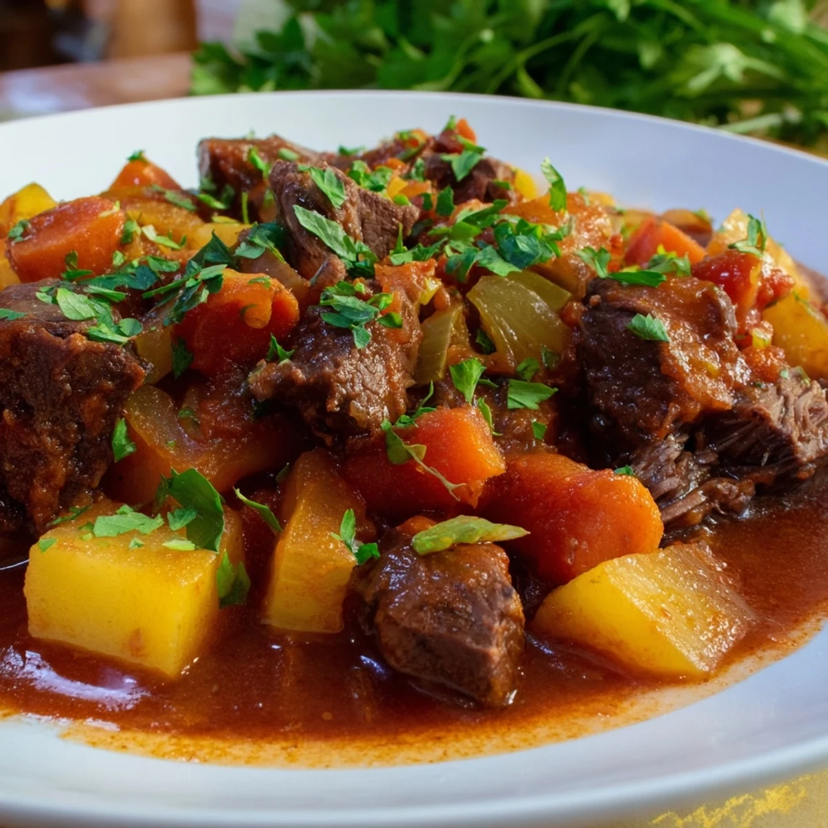 A close-up of Lamb Stew with Root Vegetables in a rustic bowl, featuring tender lamb chunks, carrots, and potatoes in a rich, dark broth.