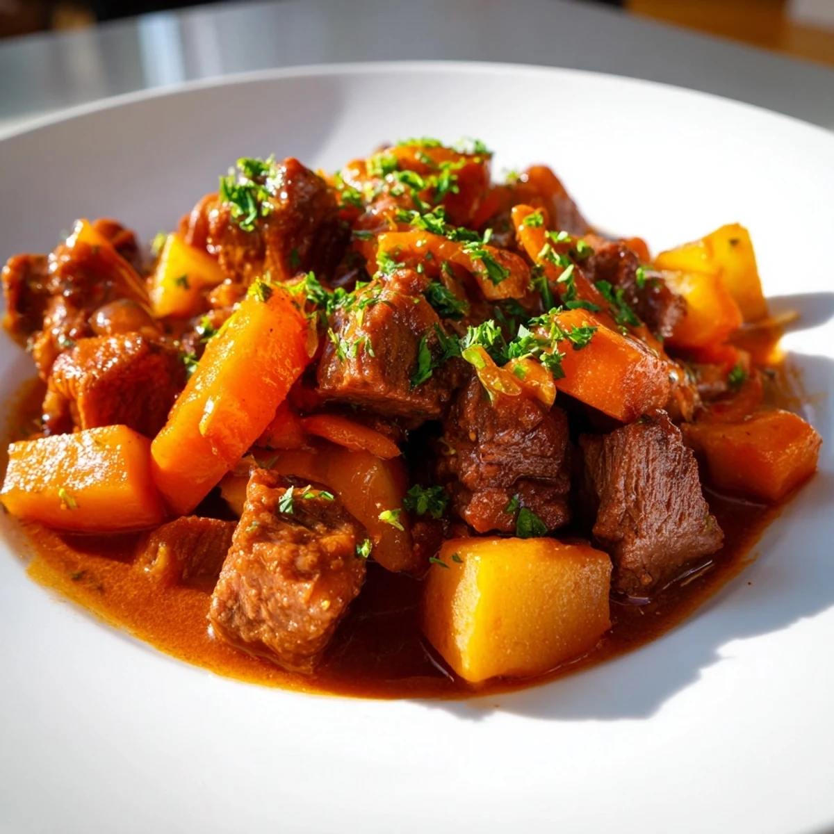 A hearty bowl of Lamb Stew with Root Vegetables, garnished with fresh thyme and parsley, steaming beside a slice of crusty bread.