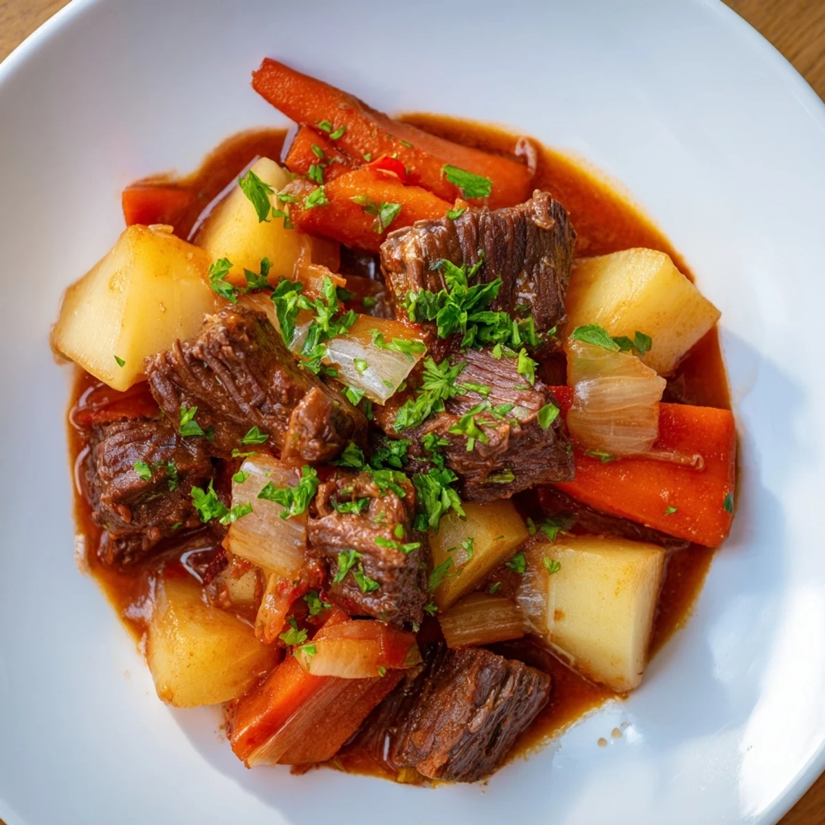 Overhead view of Lamb Stew with Root Vegetables simmering in a Dutch oven, revealing a medley of colorful root vegetables like parsnips and rutabaga.