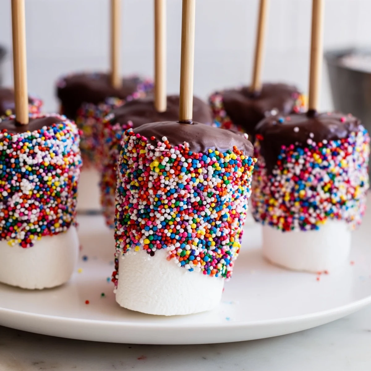 Fluffy white marshmallows dipped in glossy chocolate, with rainbow sprinkles clinging to the edges—ready for a party tray.