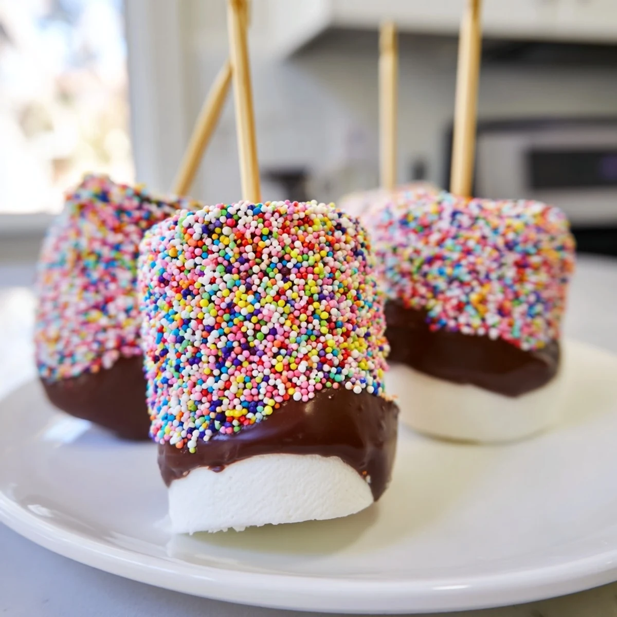 A close-up of marshmallows on sticks, dipped in melted chocolate and topped with festive sprinkles, perfect for sweet celebrations.