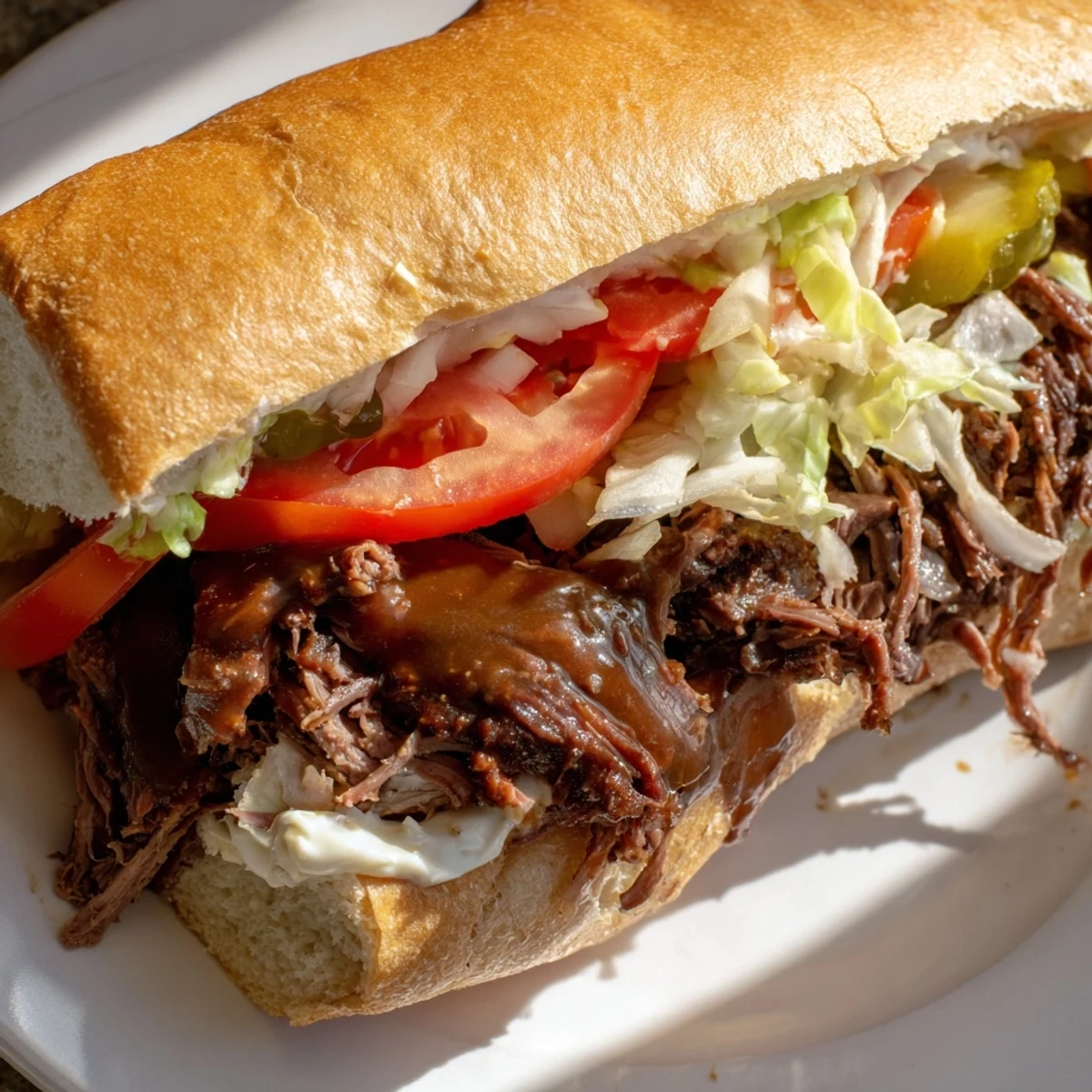 A hearty Roast Beef Po Boy Sandwich features tender beef in rich gravy, topped with crisp vegetables and mayonnaise on a split baguette, ready to serve.