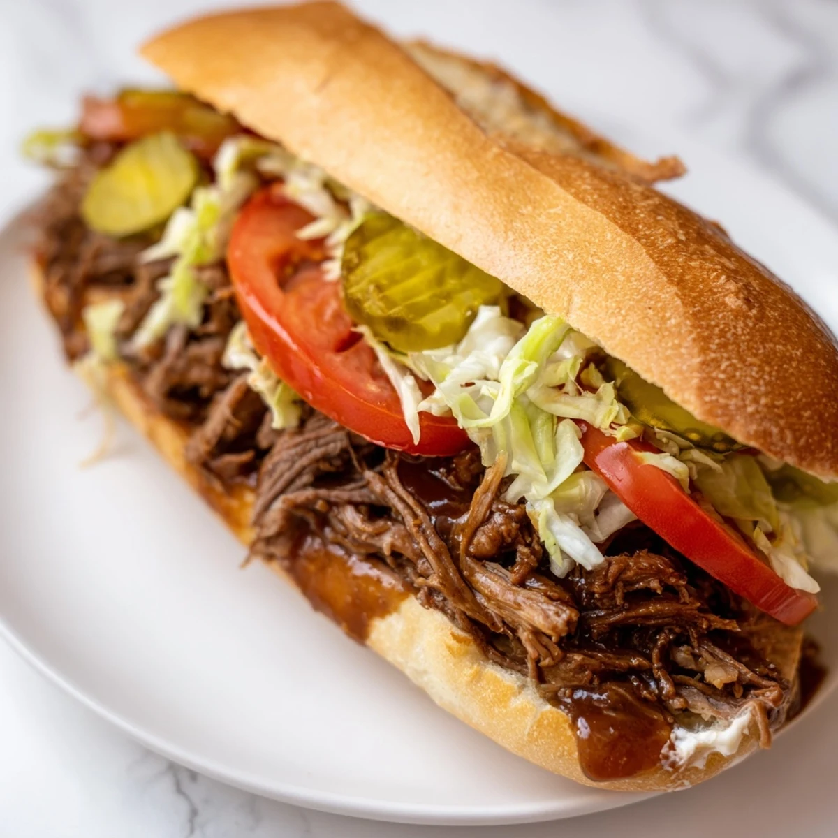 Golden-brown shredded roast beef piled high on a crusty French baguette, layered with fresh lettuce, tomato, and dill pickle slices for a classic New Orleans po boy.