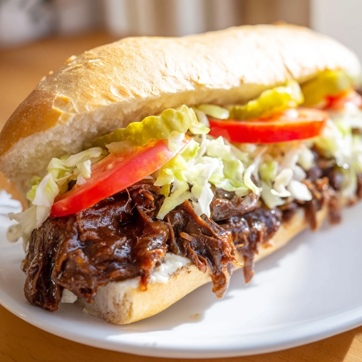Juicy shredded beef and savory gravy fill this authentic Roast Beef Po Boy, garnished with iceberg lettuce, tomato slices, and pickles on a warm, crusty roll.