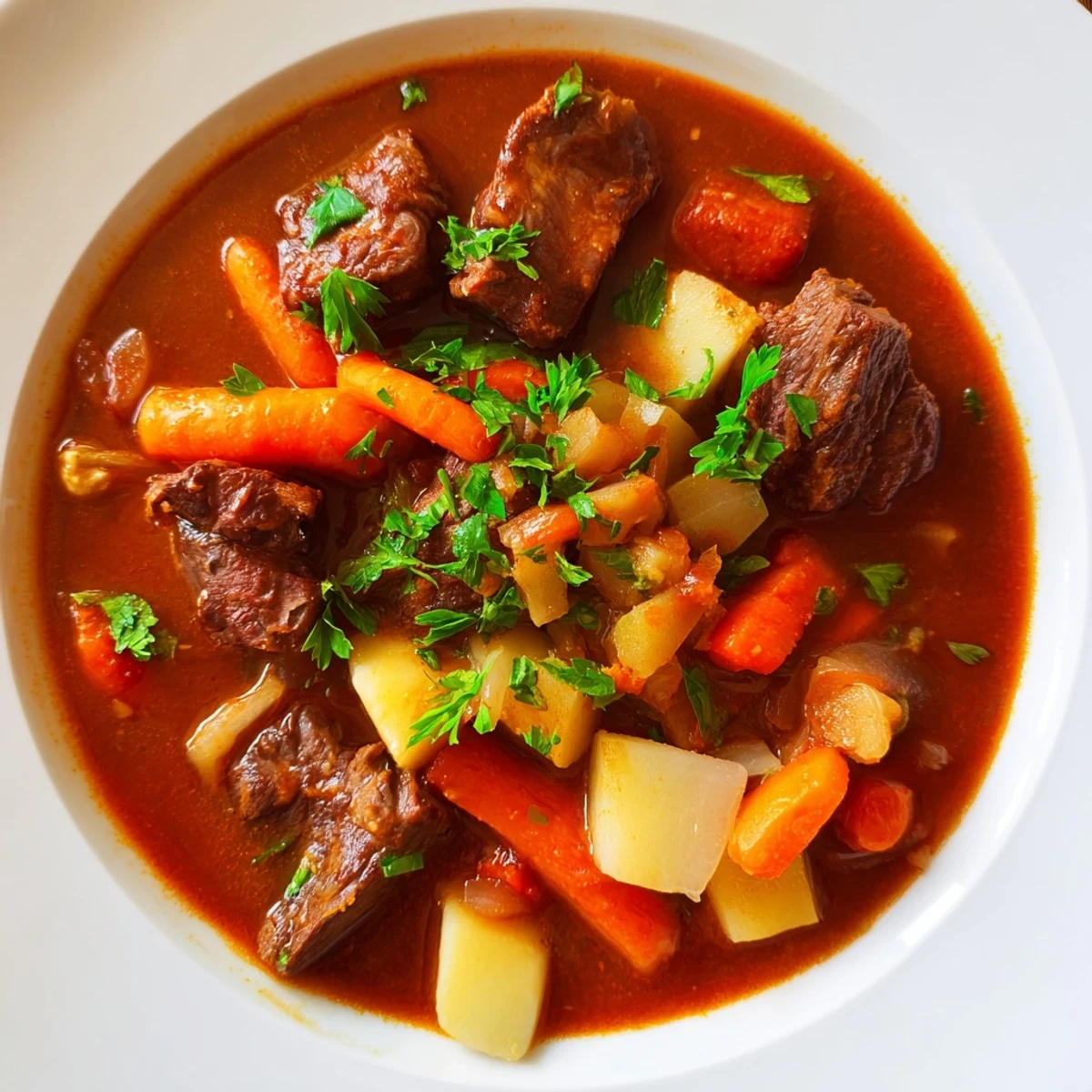 Hearty Lamb Stew with Root Vegetables simmering in a rustic Dutch oven, with fragrant steam rising above chunks of tender meat and vibrant vegetables.