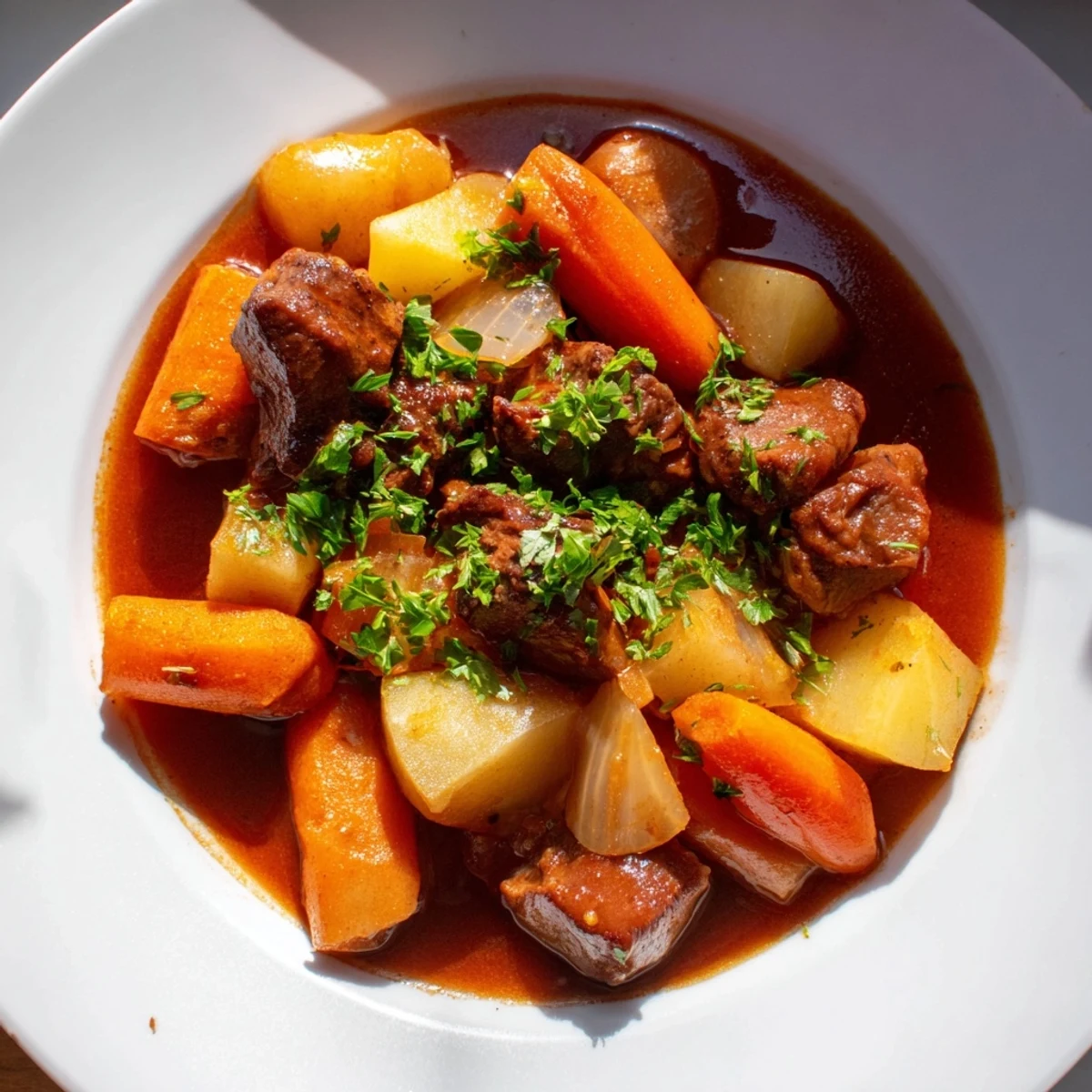 Savory Lamb Stew with Root Vegetables served in a white bowl, garnished with fresh parsley and accompanied by a slice of crusty bread.
