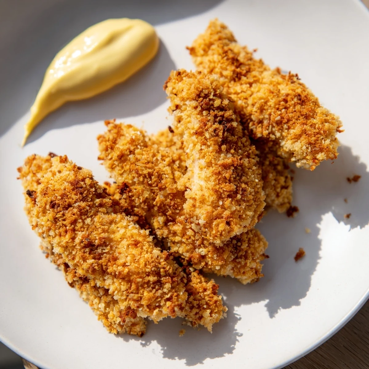 Golden-brown, crispy chicken tenders with honey mustard sauce on a rustic plate, garnished with fresh parsley and lemon wedges.