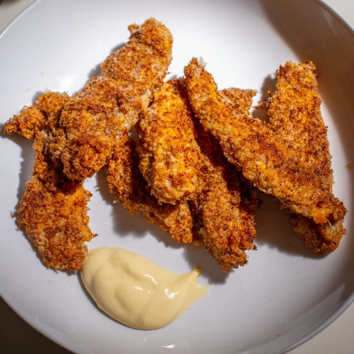 Crispy baked chicken tenders with a honey mustard glaze, arranged on a parchment-lined tray for a family-friendly meal.