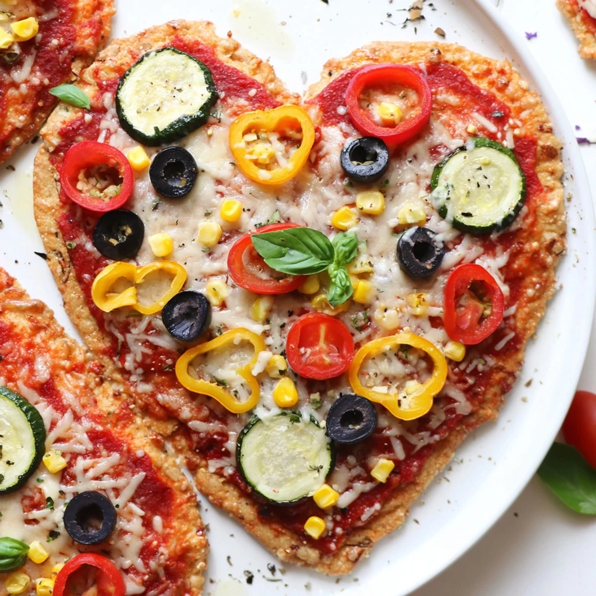 A close-up of a golden heart-shaped vegetable pizza, topped with colorful bell peppers, cherry tomatoes, and fresh basil on a crisp crust.