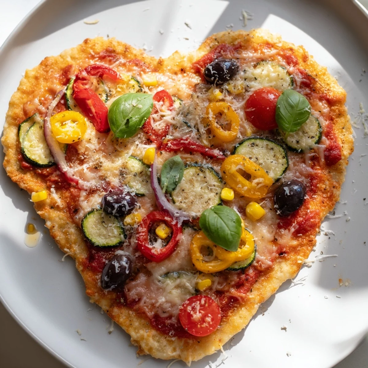 Freshly baked Heart Shaped Vegetable Pizza with melted mozzarella, sliced zucchini, and black olives on a flaky golden heart crust.