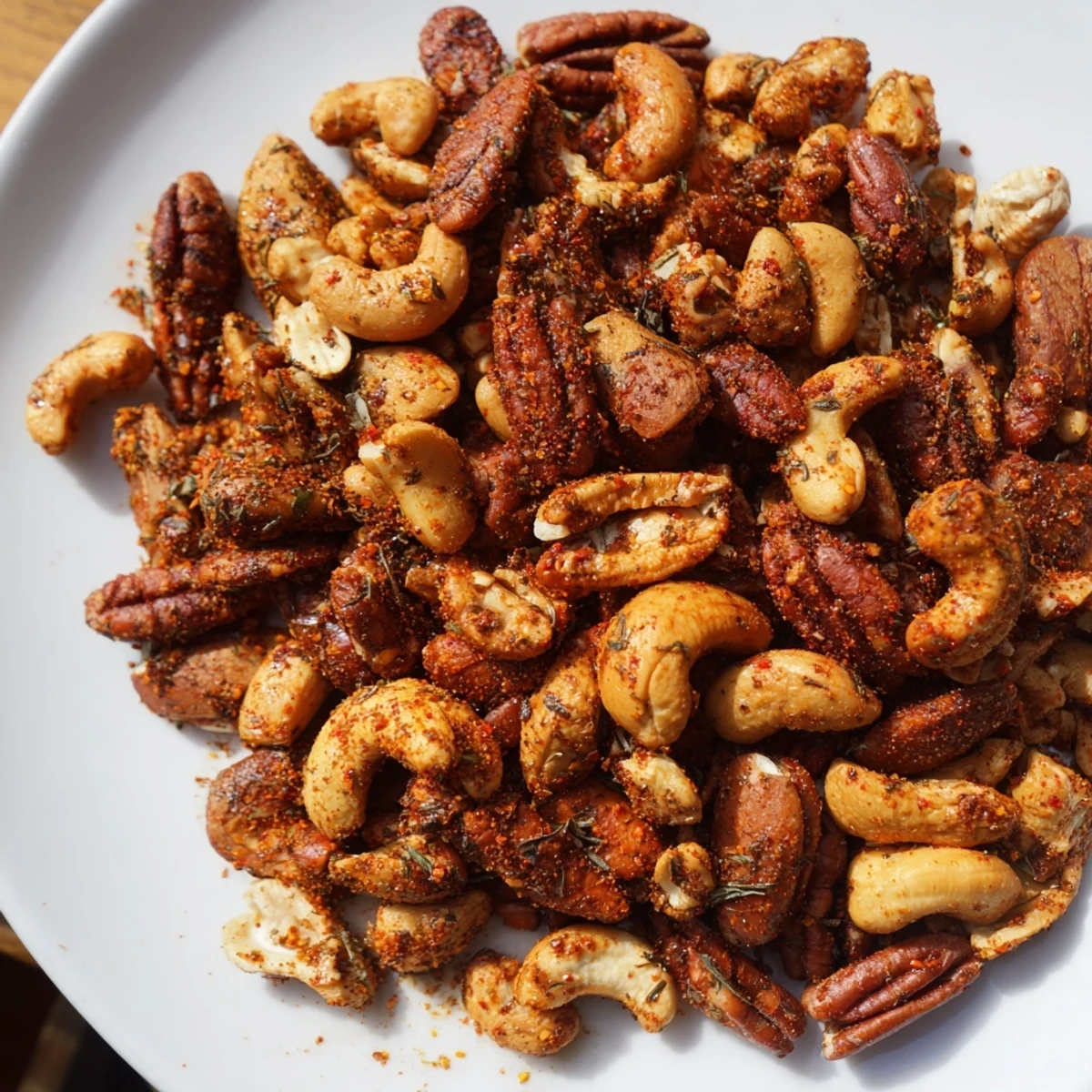 Golden-brown Spicy Nuts Mix with Cajun Seasoning glistening with oil and spices, served in a rustic ceramic bowl.  