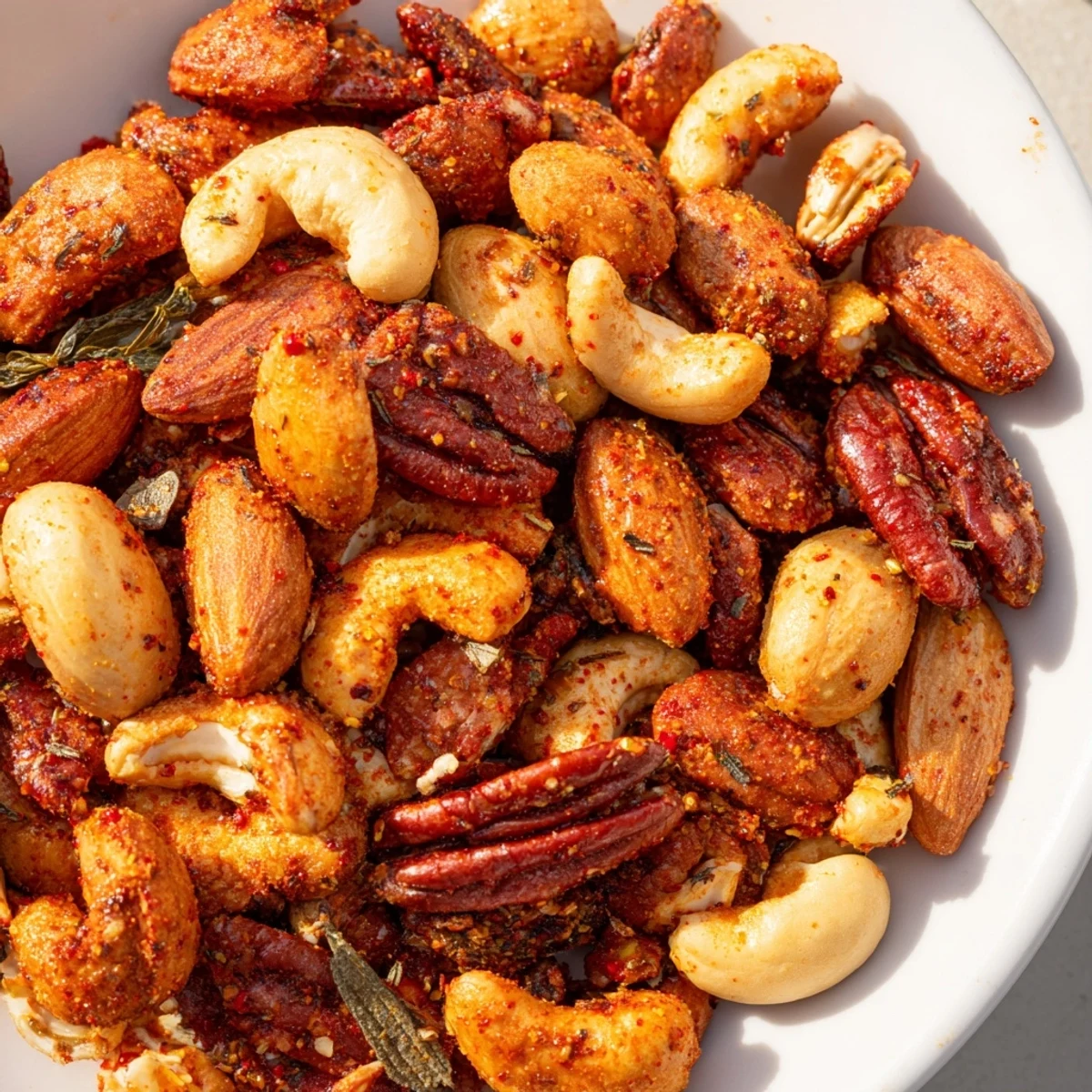 A vibrant bowl of Spicy Nuts Mix with Cajun Seasoning, featuring toasted pecans and almonds, ready for cocktail hour.  