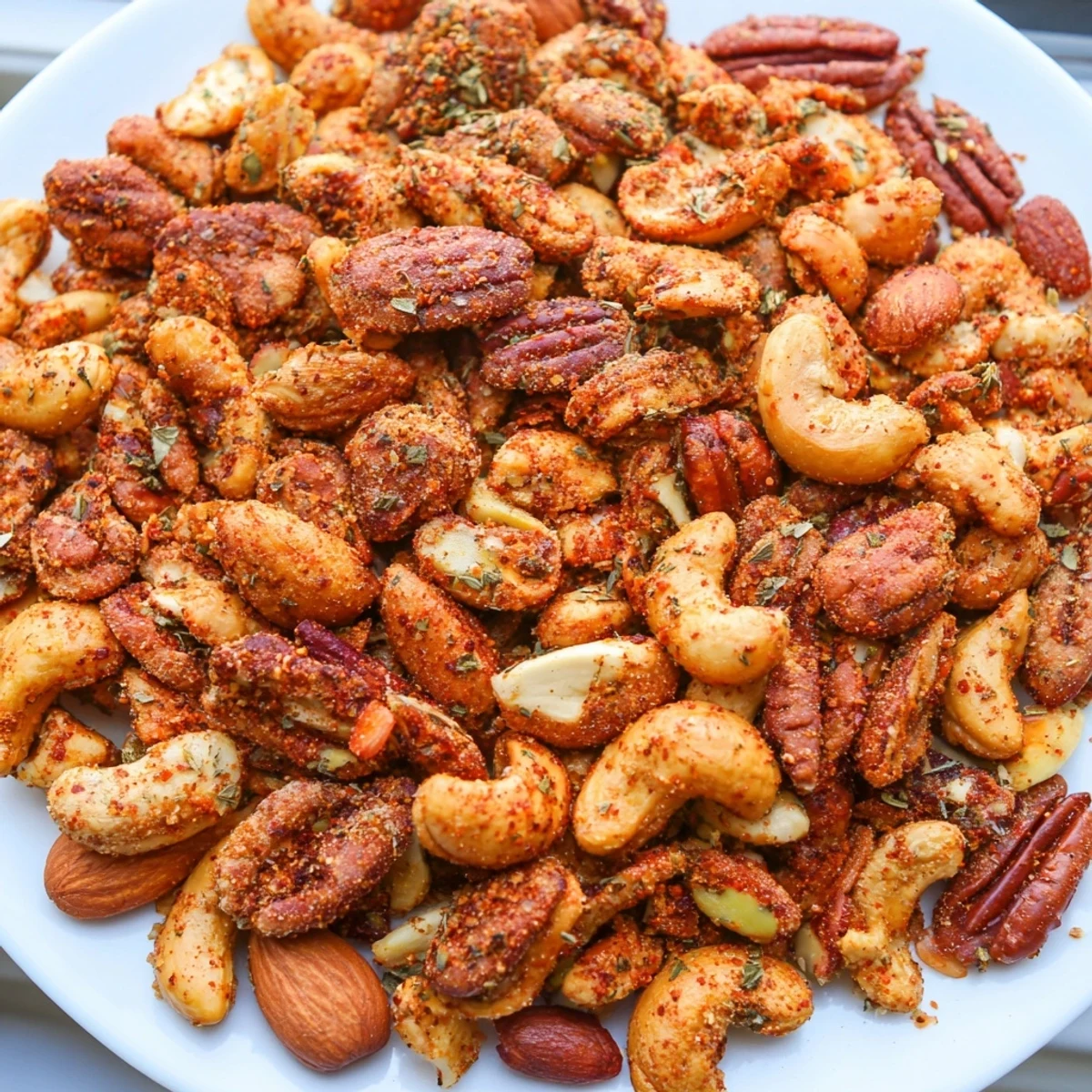 Spicy Nuts Mix with Cajun Seasoning cooling on a baking sheet, showing a crunchy texture and speckled spice blend.