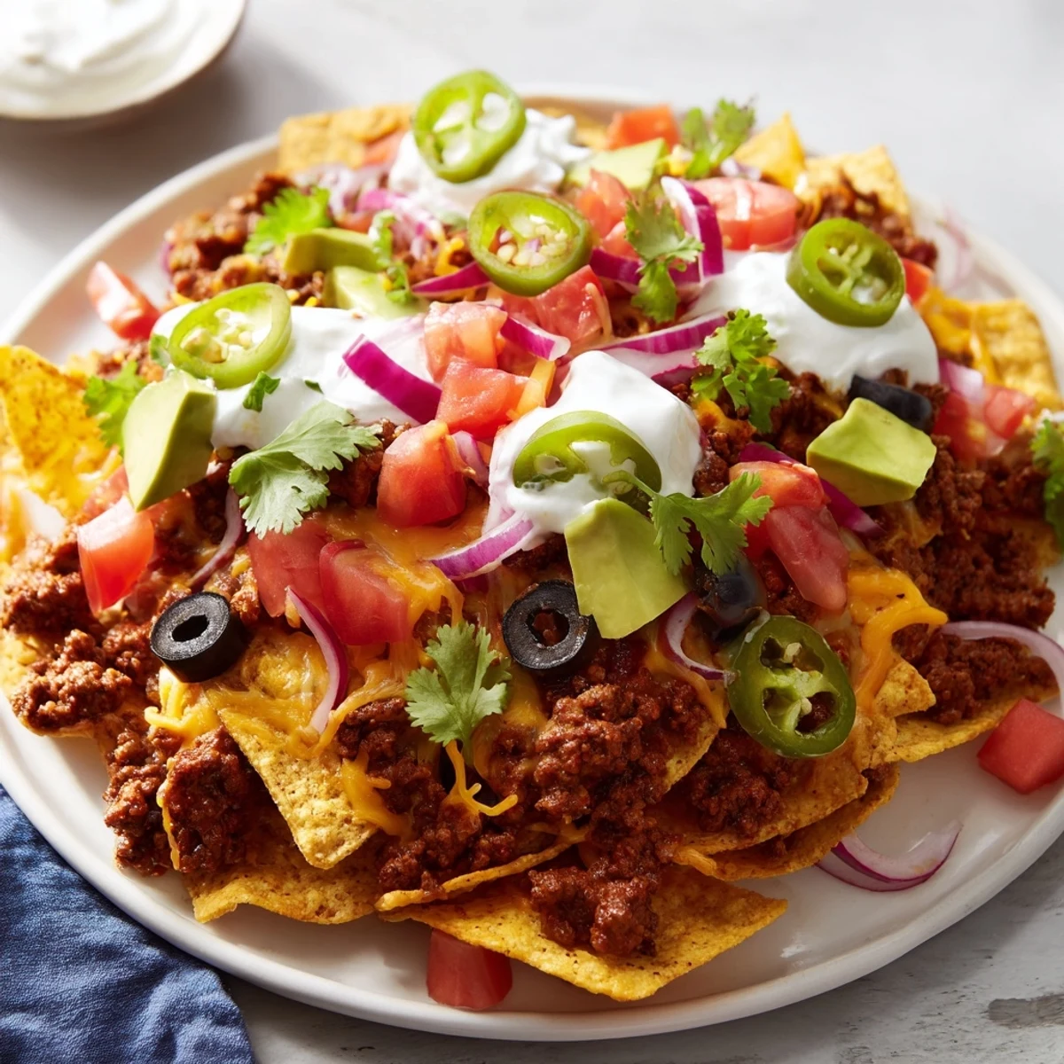 Crispy tortilla chips topped with seasoned ground beef and melted cheddar for Nachos Supreme, finished with dollops of sour cream and fresh cilantro.