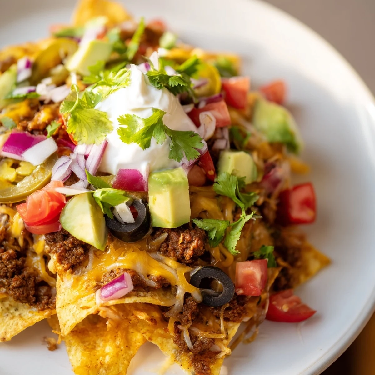 Freshly baked Nachos Supreme piled high with Monterey Jack cheese, diced tomatoes, red onions, and a drizzle of sour cream on a festive platter.