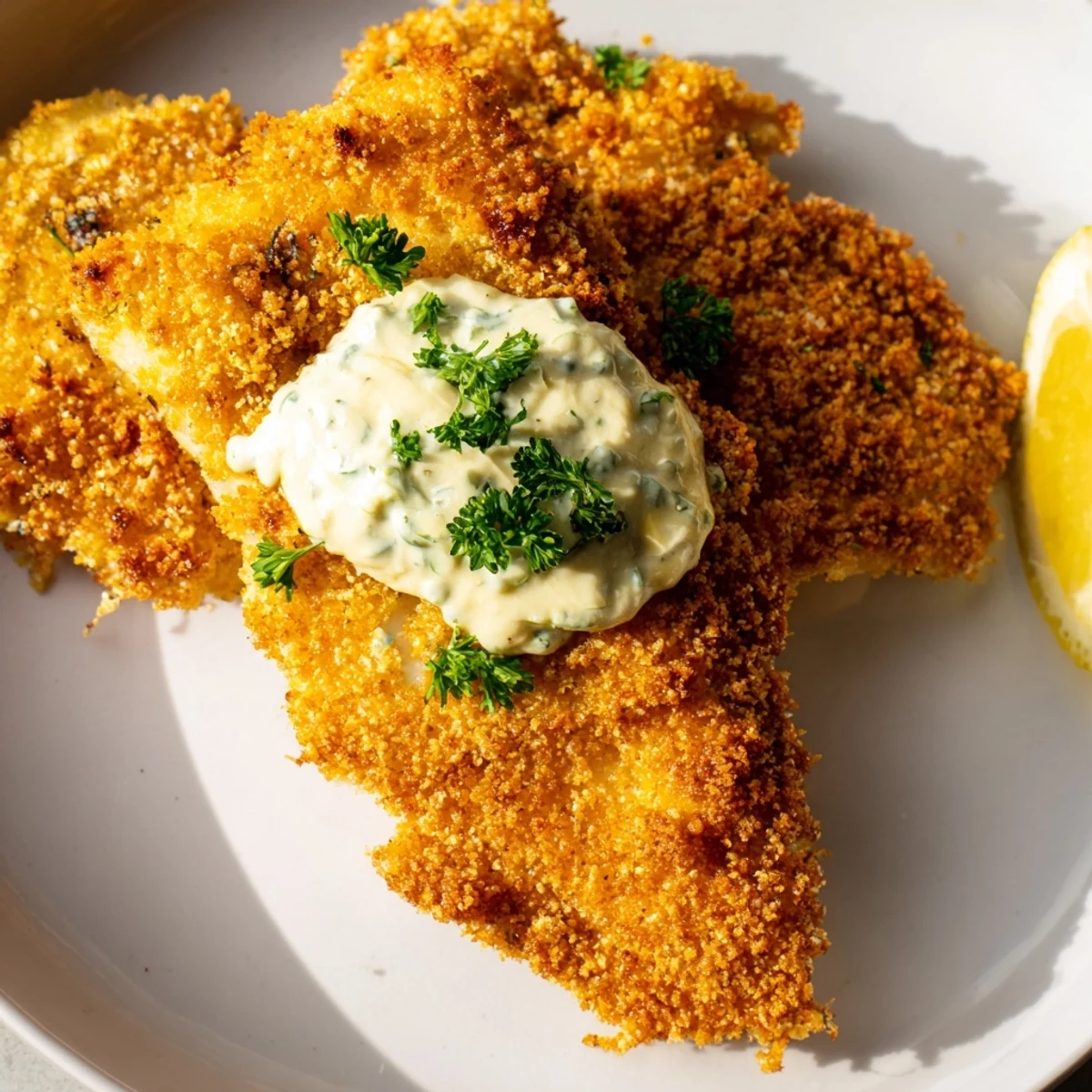 Golden fried fish fillets resting on a wire rack next to a small bowl of creamy tartar sauce and lemon wedges.