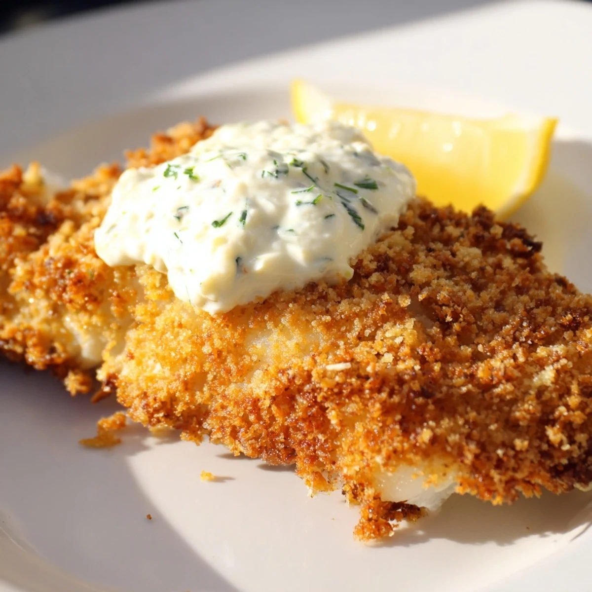 Crispy breaded fish fry pieces stacked on a plate, garnished with fresh parsley and served with homemade tartar sauce.