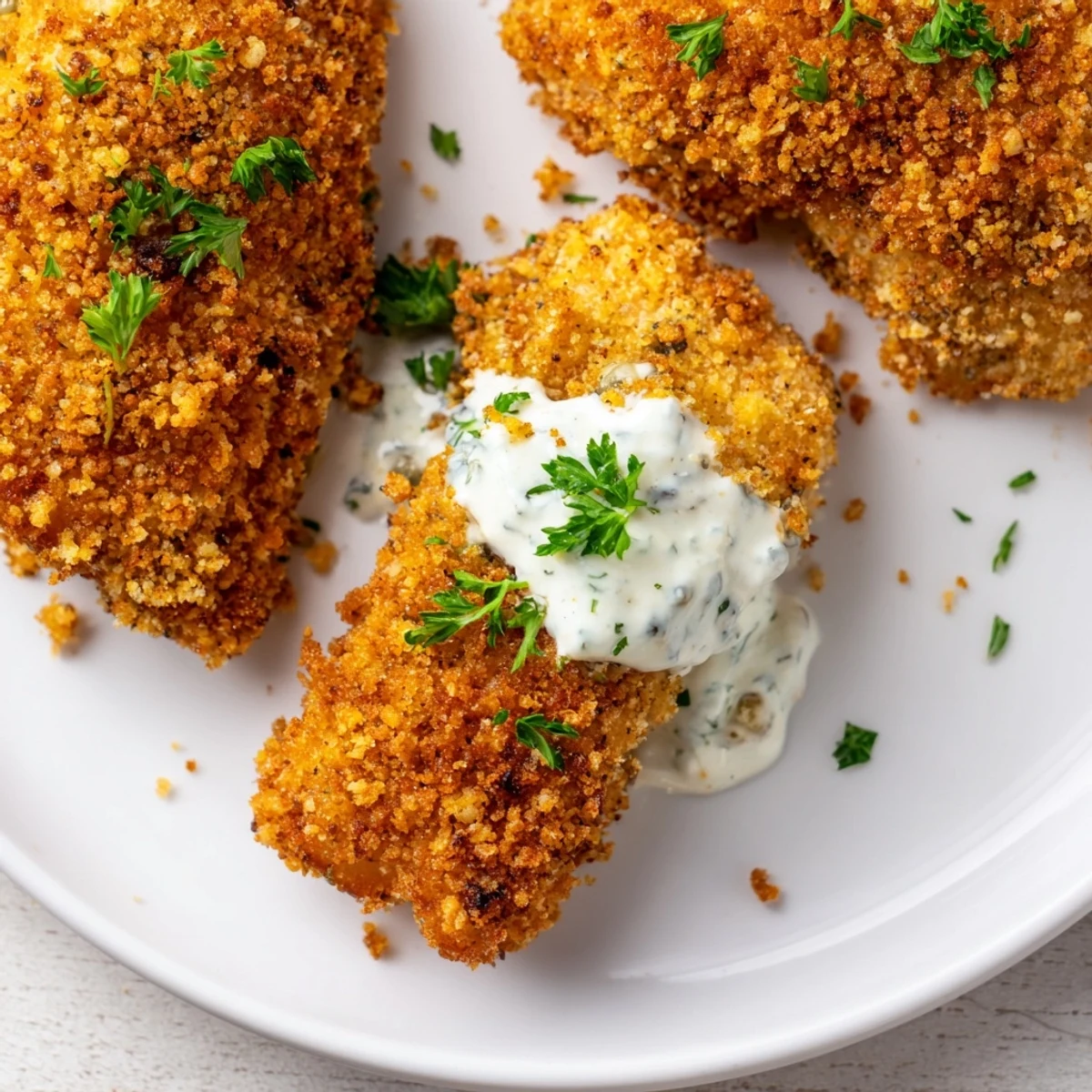 Freshly fried white fish fillets with golden crust, accompanied by zesty tartar sauce and lemon slices for squeezing.