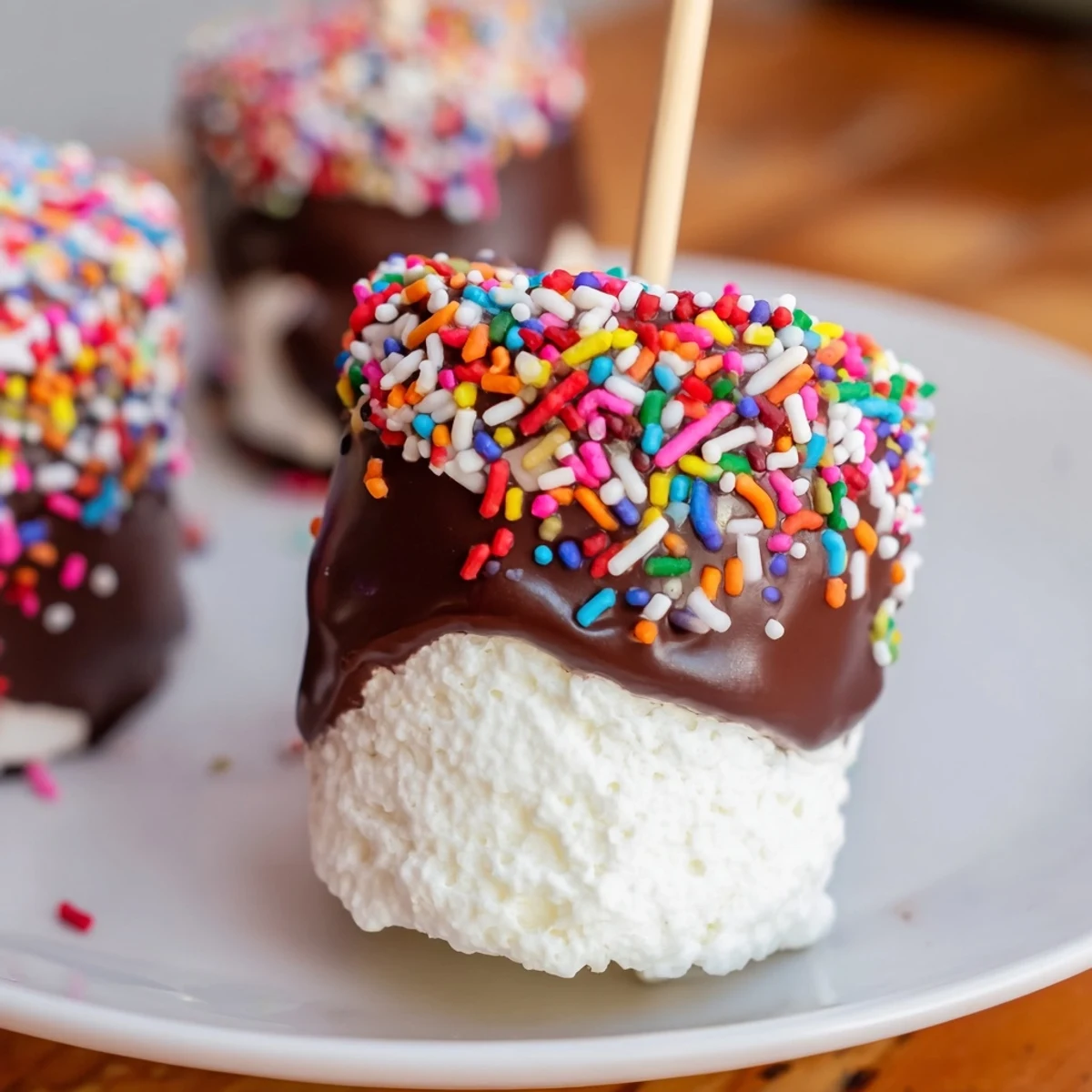 Fluffy marshmallows dipped in creamy chocolate and sprinkled with colorful toppings, a festive homemade treat for parties.  