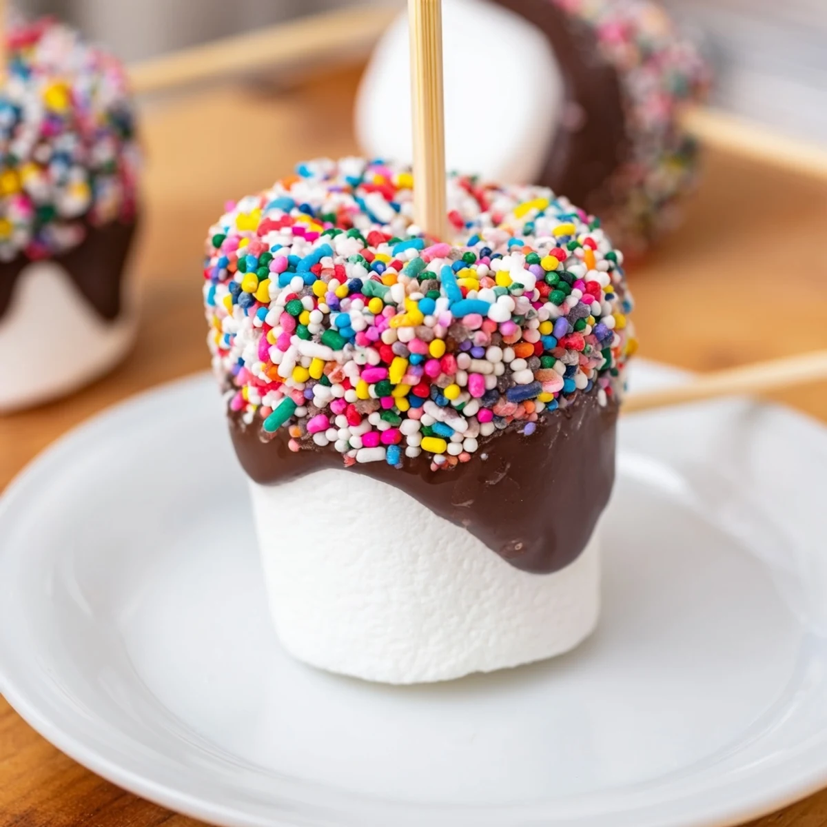Perfectly dipped marshmallows with a glossy chocolate coating and bright sprinkles, ideal for easy dessert platters.  