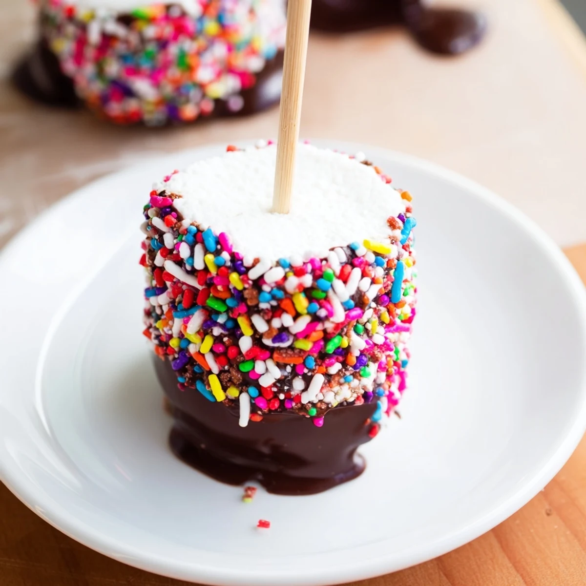 Chewy marshmallows dipped in smooth chocolate, finished with vibrant sprinkles and served on wooden skewers.