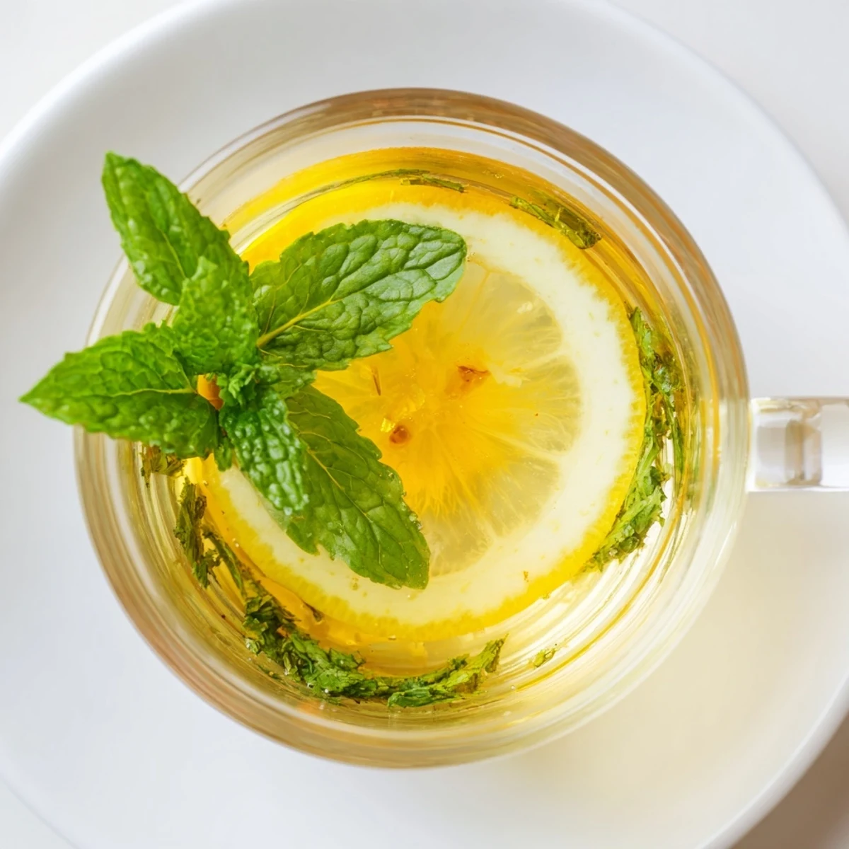 A steaming glass of Mint Tea with Honey and Lemon, garnished with fresh mint and a bright lemon slice.