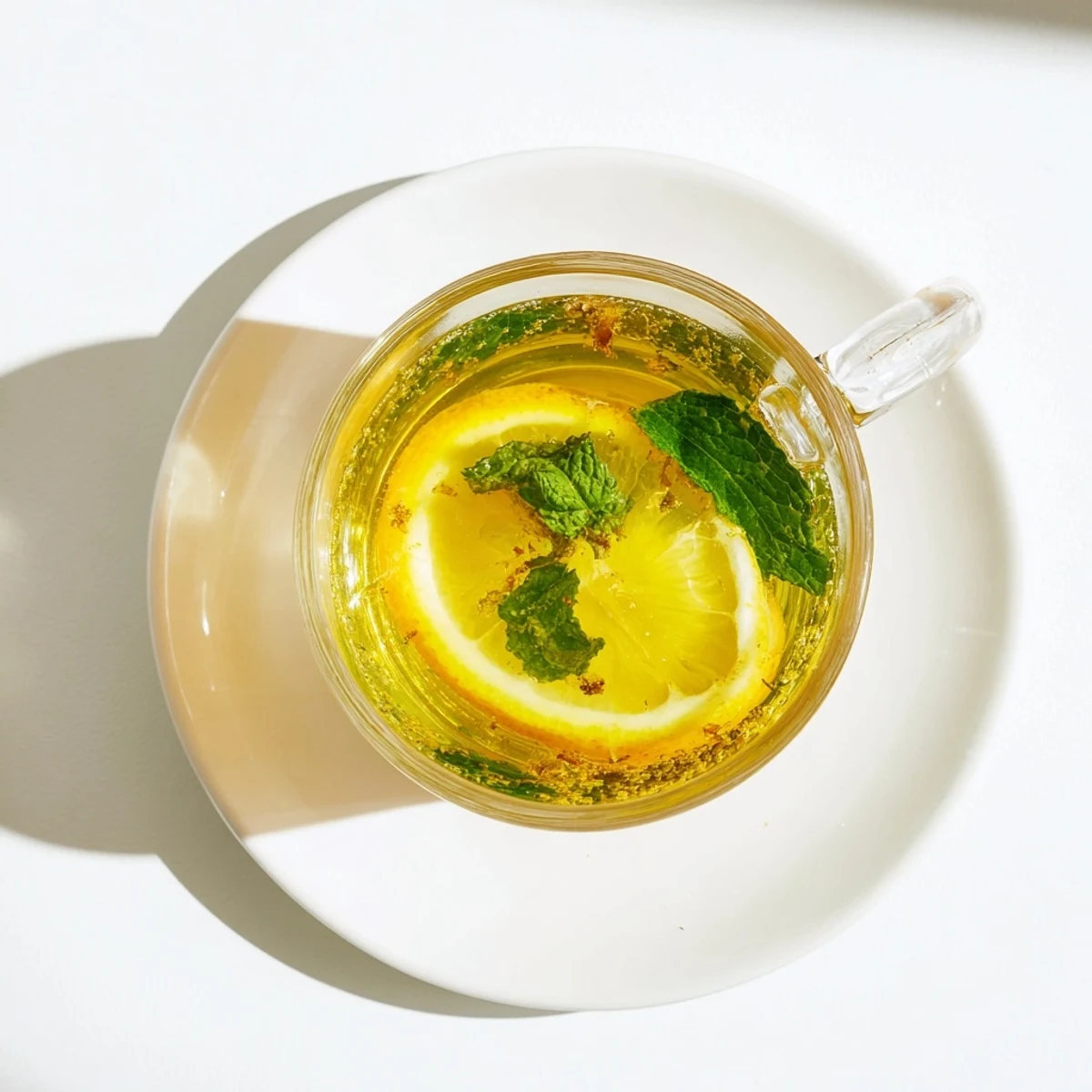 Fresh mint leaves infuse hot water in a pot, steeping for the aromatic Mint Tea with Honey and Lemon.