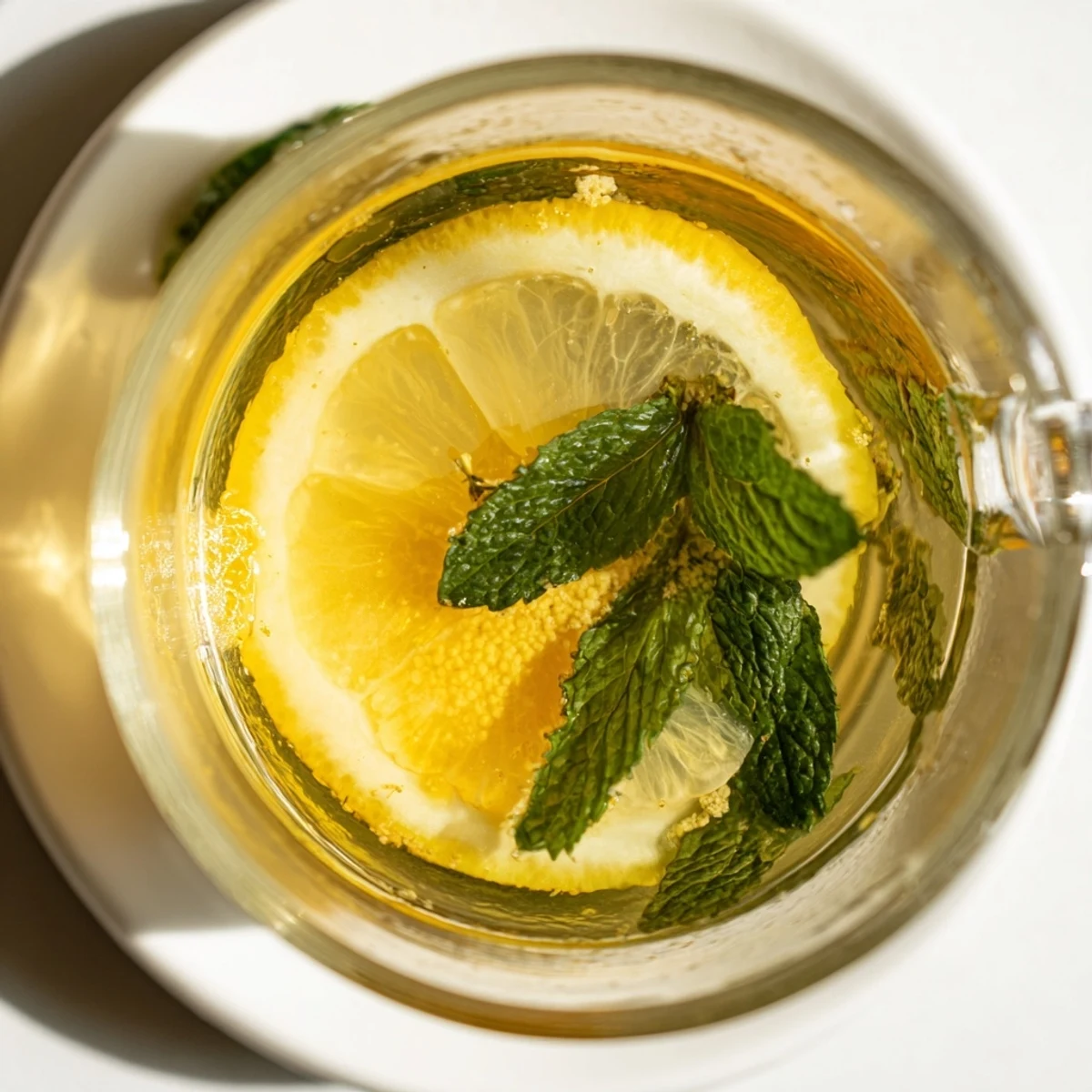 Two servings of Mint Tea with Honey and Lemon sit ready to drink, one garnished with mint and a lemon wheel.
