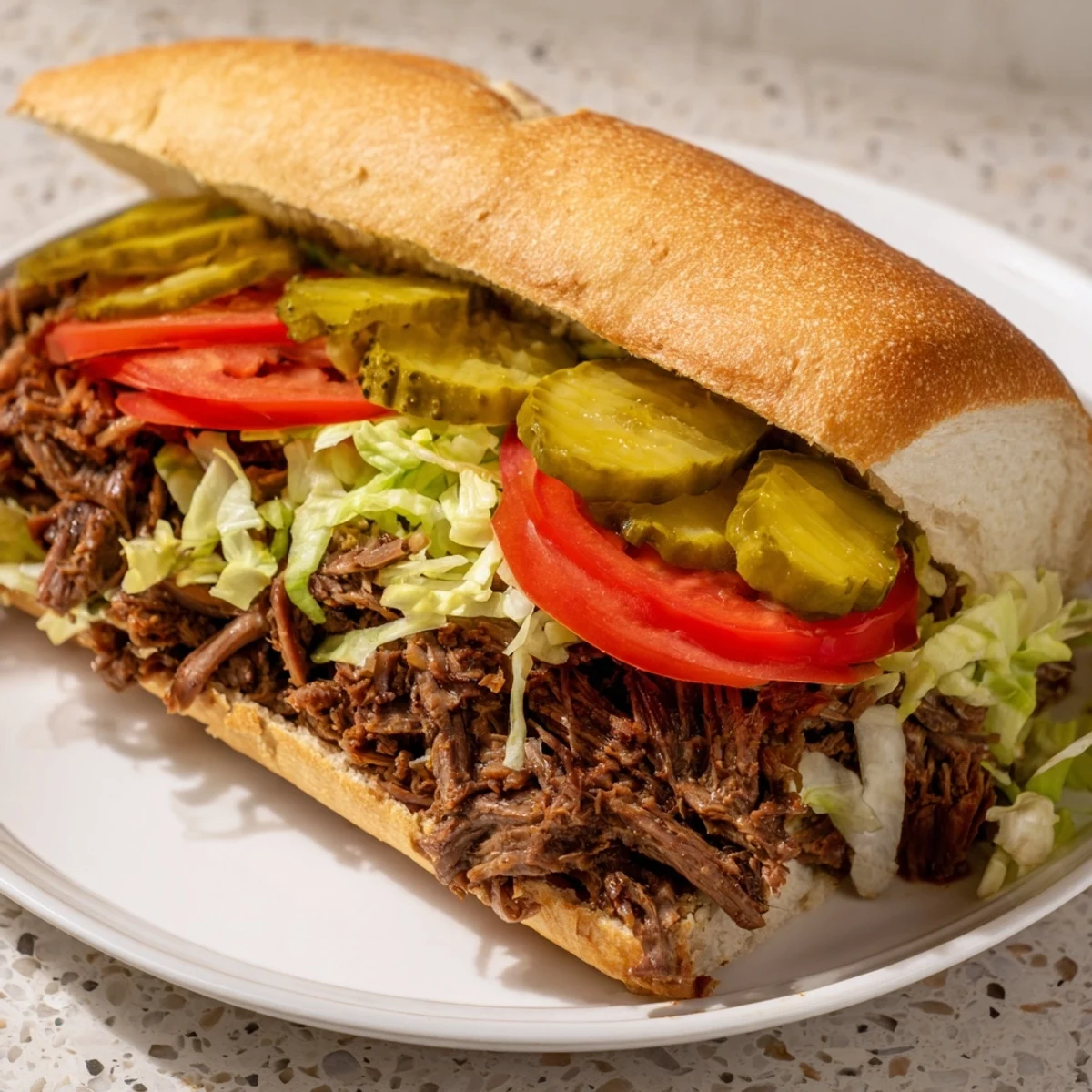 Crusty French bread loaded with juicy roast beef in gravy, topped with crisp lettuce, red tomato slices, and tangy dill pickles.