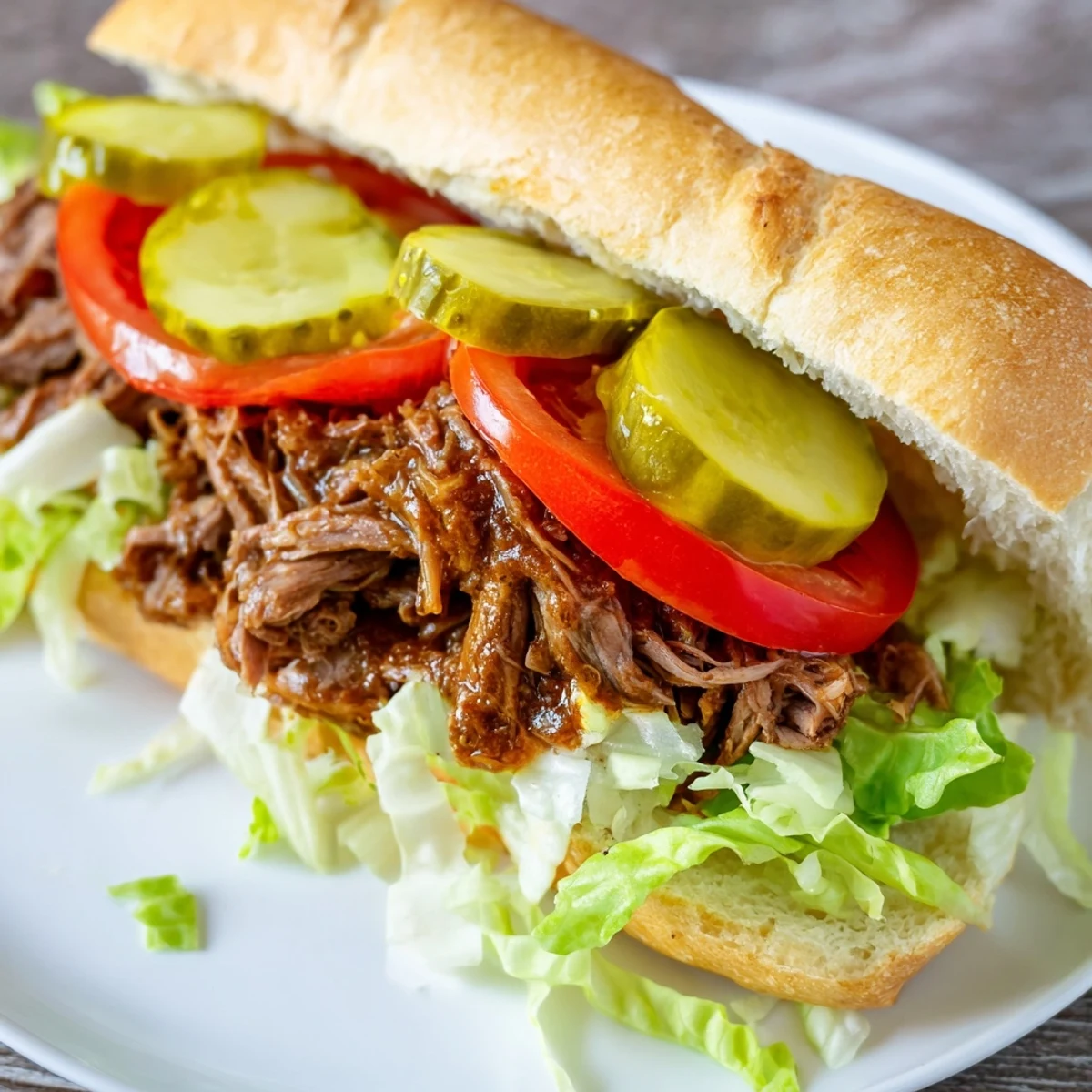 Freshly sliced Roast Beef Po Boy Sandwich with tender shredded meat, rich brown gravy, lettuce, tomato, and pickles on crusty French bread.