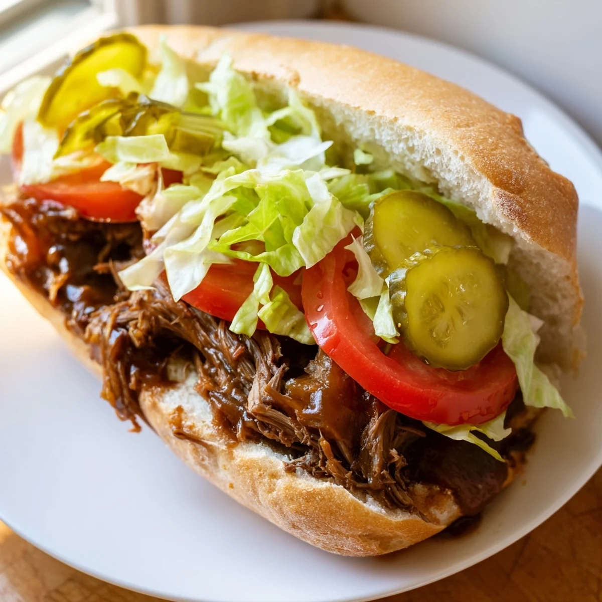 Savory Roast Beef Po Boy Sandwich overflowing with succulent beef, homemade gravy, crunchy vegetables, and optional hot sauce, ready to enjoy.