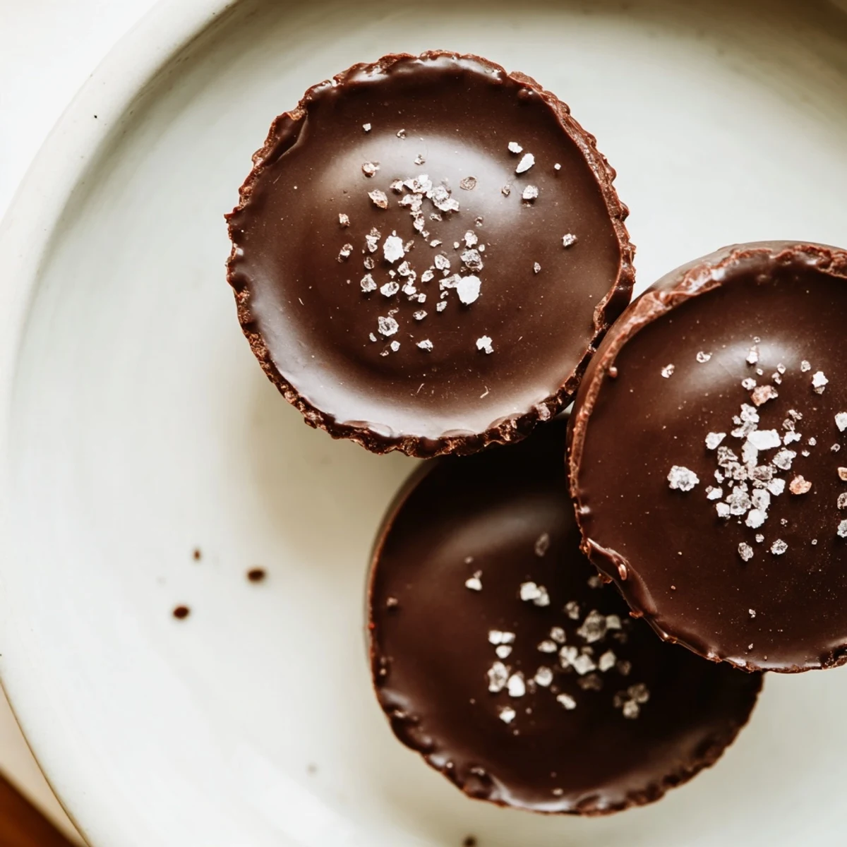 Fifteen homemade chocolate peanut butter cups arranged on parchment, showing glossy chocolate shells and smooth peanut butter filling.