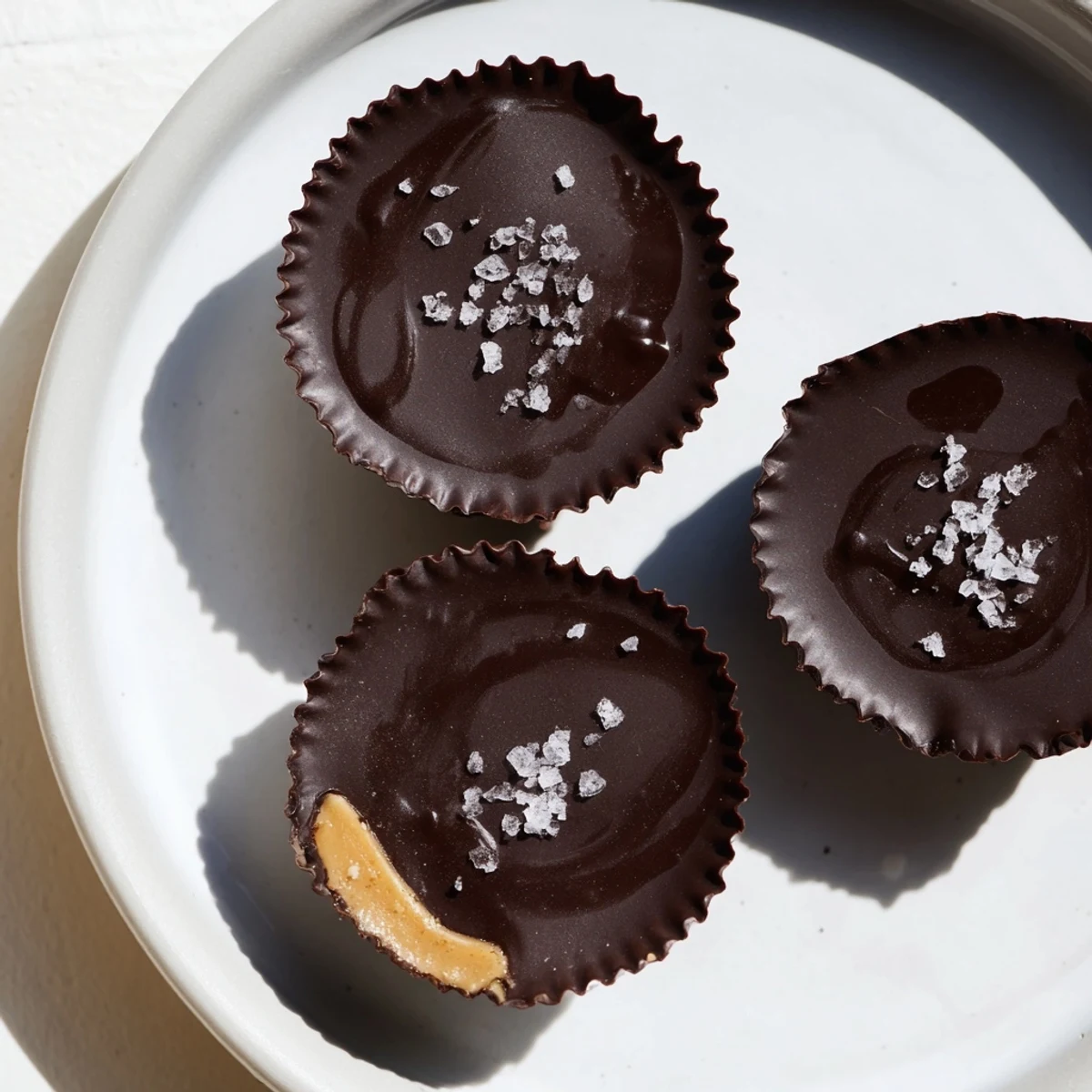 A close-up of a bitten chocolate peanut butter cup reveals its creamy peanut butter center and rich chocolate coating.