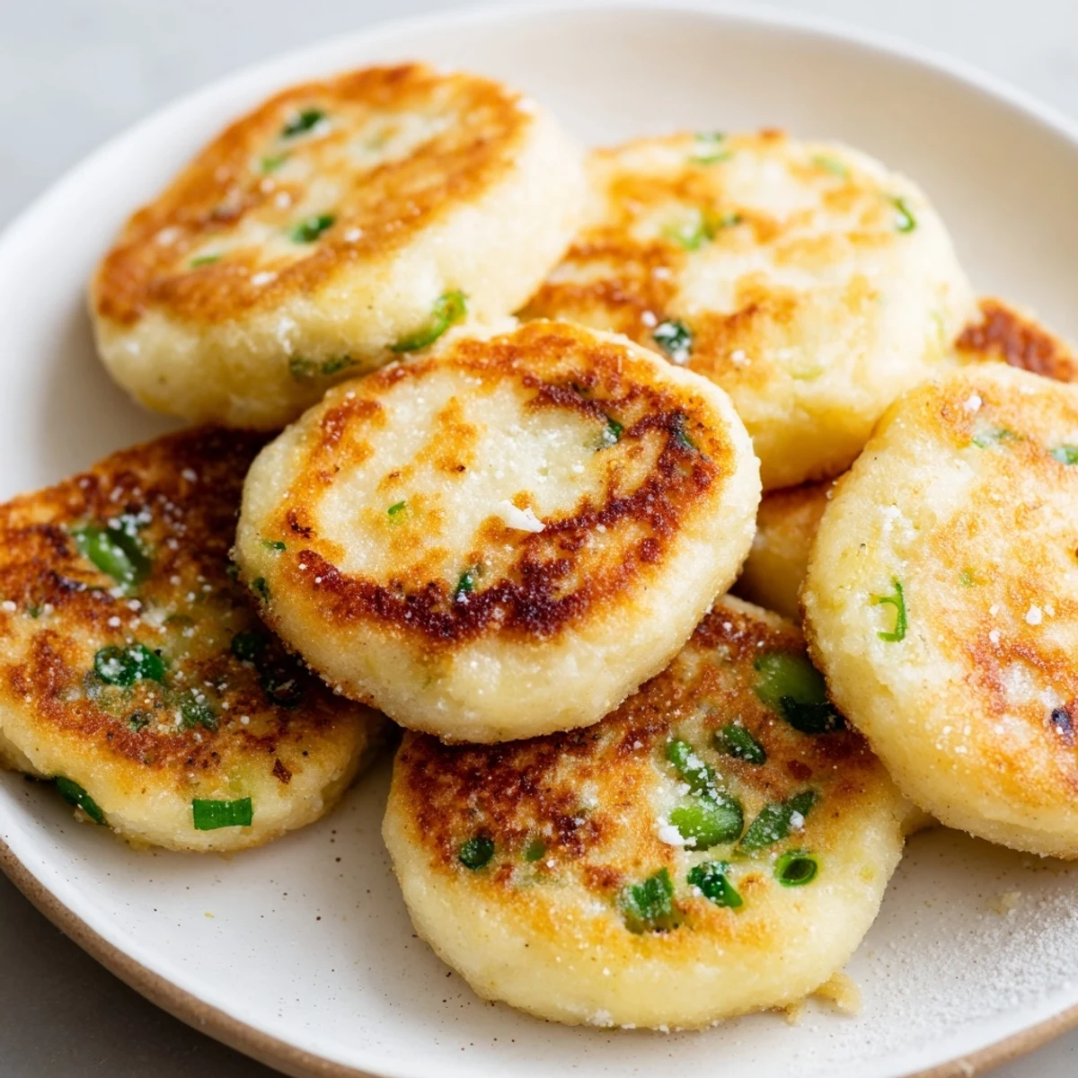 Warm Irish potato cakes with scallions on a rustic wooden table, perfect for a hearty breakfast spread.