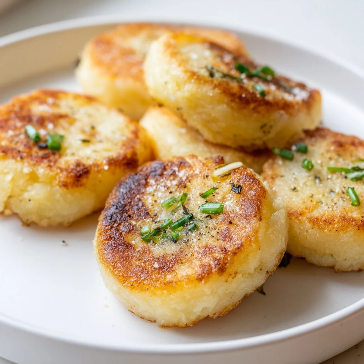 Close-up of golden Irish potato cakes with scallions, served hot beside a small dish of sour cream.  