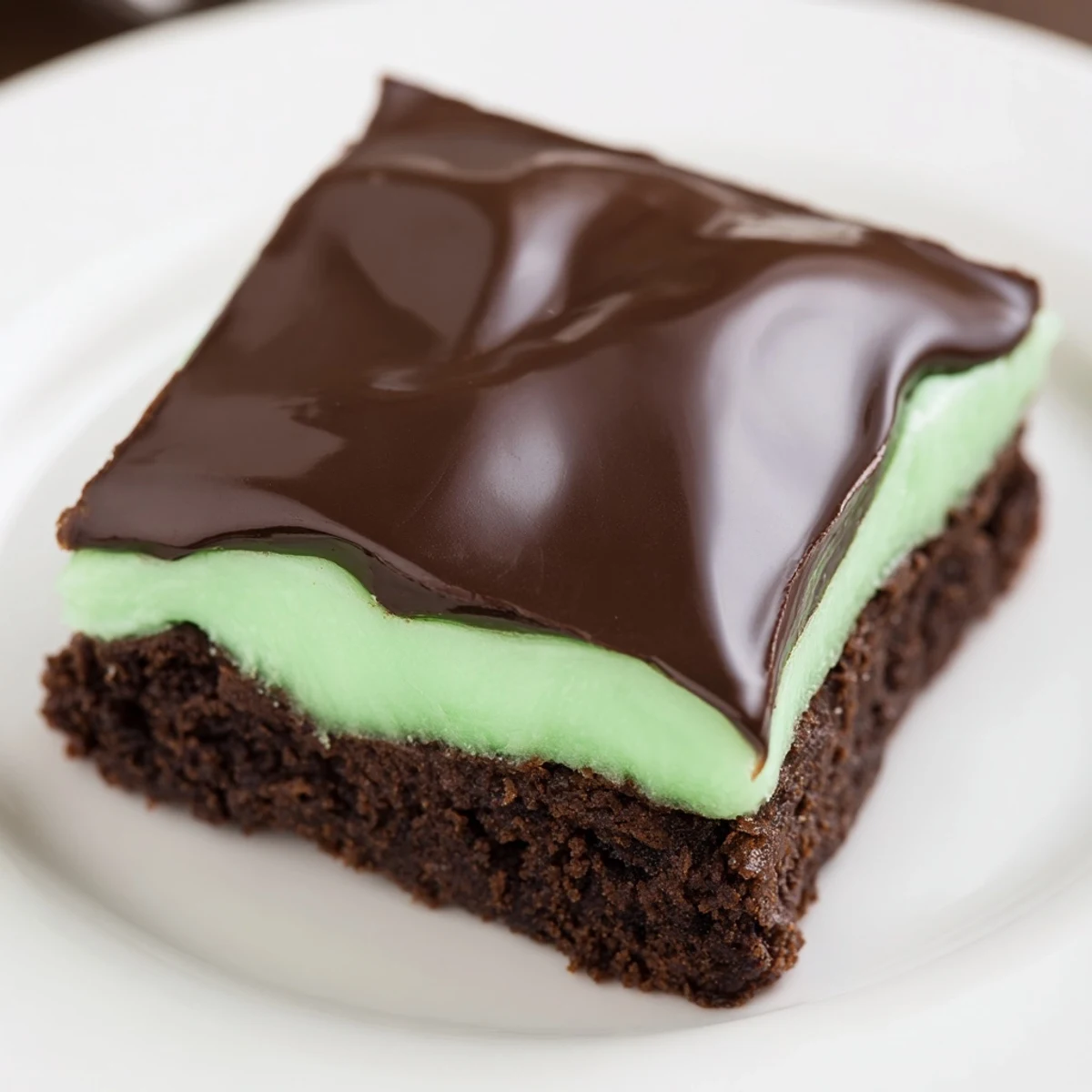 A close-up of layered Green Mint Brownies, featuring a vibrant mint cream swirl and rich, crackly brownie texture.