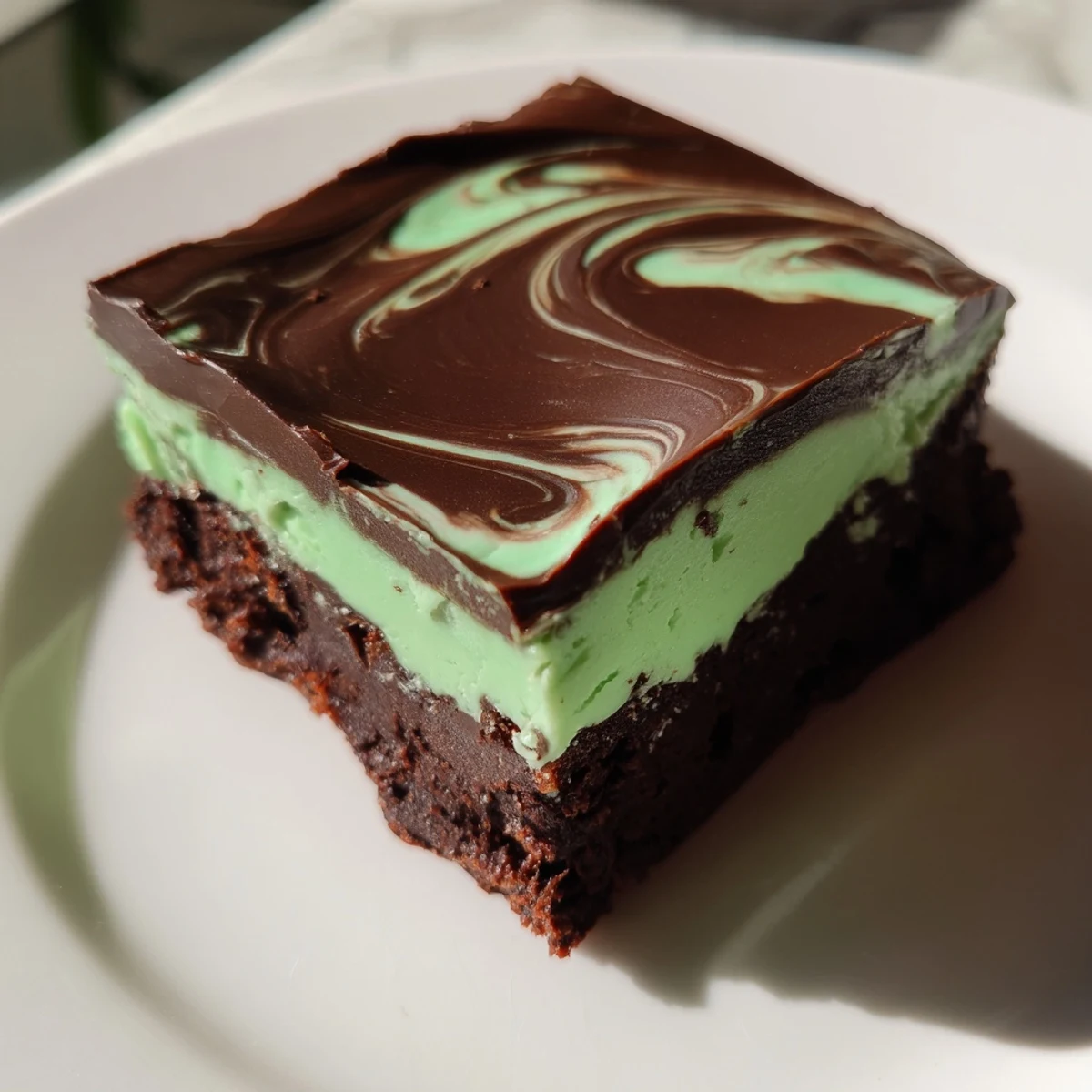 Freshly sliced Green Mint Brownies arranged on a white plate, drizzled with chocolate glaze and ready to serve.