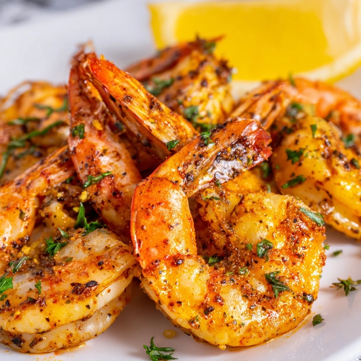 Cajun Spiced Grilled Shrimp glisten with smoky char, served on a white platter with fresh parsley and lemon wedges.  