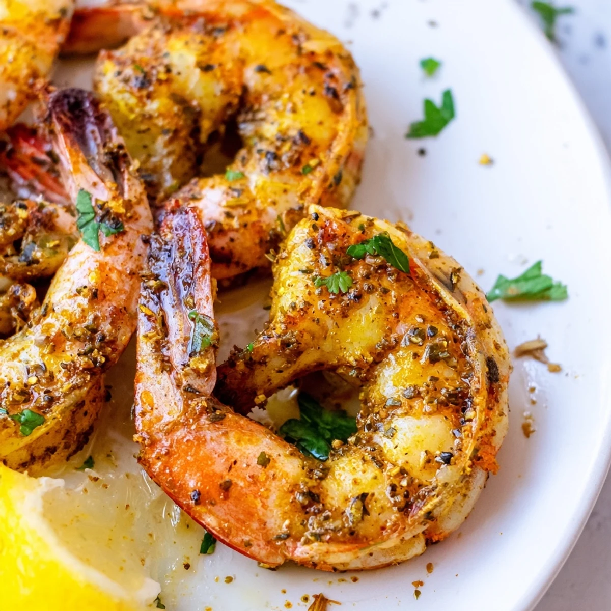 Golden grilled Cajun Spiced Grilled Shrimp on skewers with a hint of spice, ready to be enjoyed with rice and veggies.  
