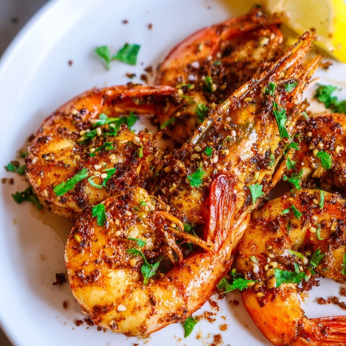 Vibrant Cajun Spiced Grilled Shrimp paired with a colorful salad and lemon, showcasing juicy, flavorful, and perfectly cooked seafood.