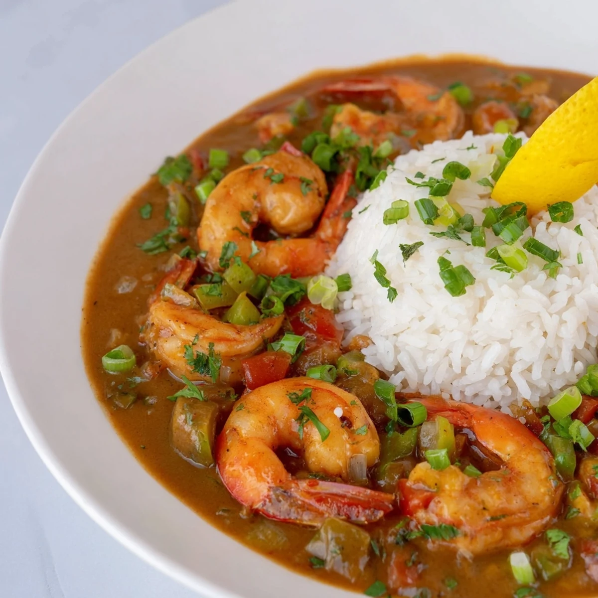 A close-up of Mardi Gras Shrimp Étouffée served over fluffy white rice, garnished with fresh green onions and parsley.