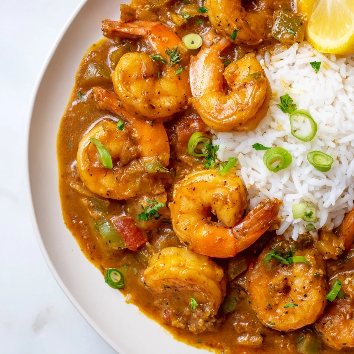 A bowl of rich Mardi Gras Shrimp Étouffée, featuring tender shrimp simmered in a spiced Creole tomato roux.