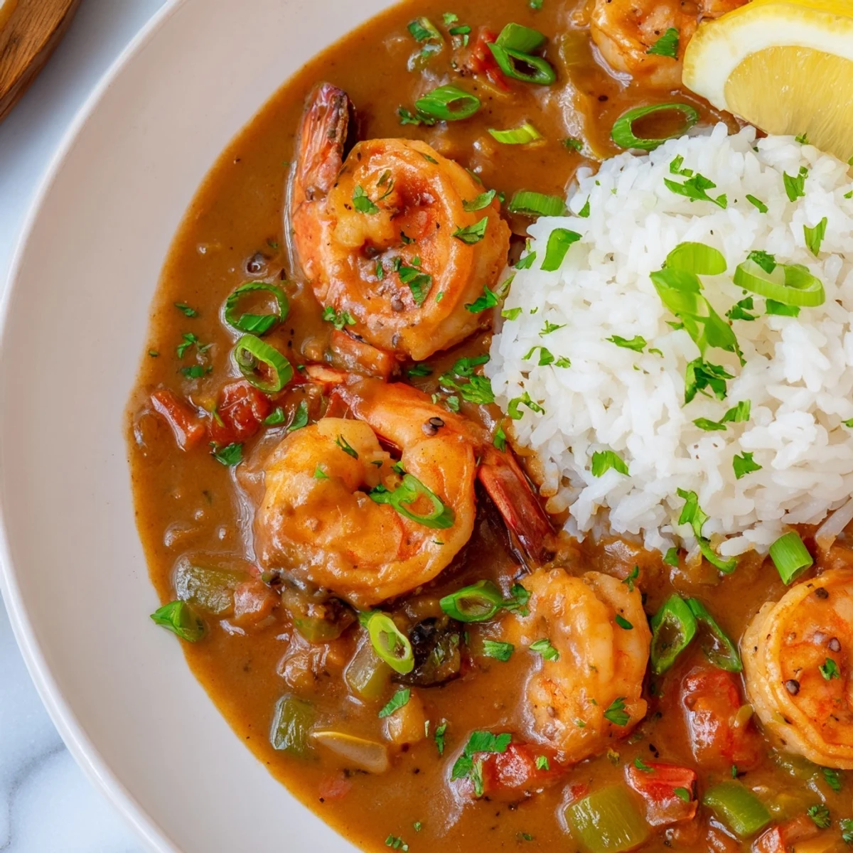Steaming Mardi Gras Shrimp Étouffée with plump shrimp, peppers, and onions, garnished with lemon wedges on a rustic table.