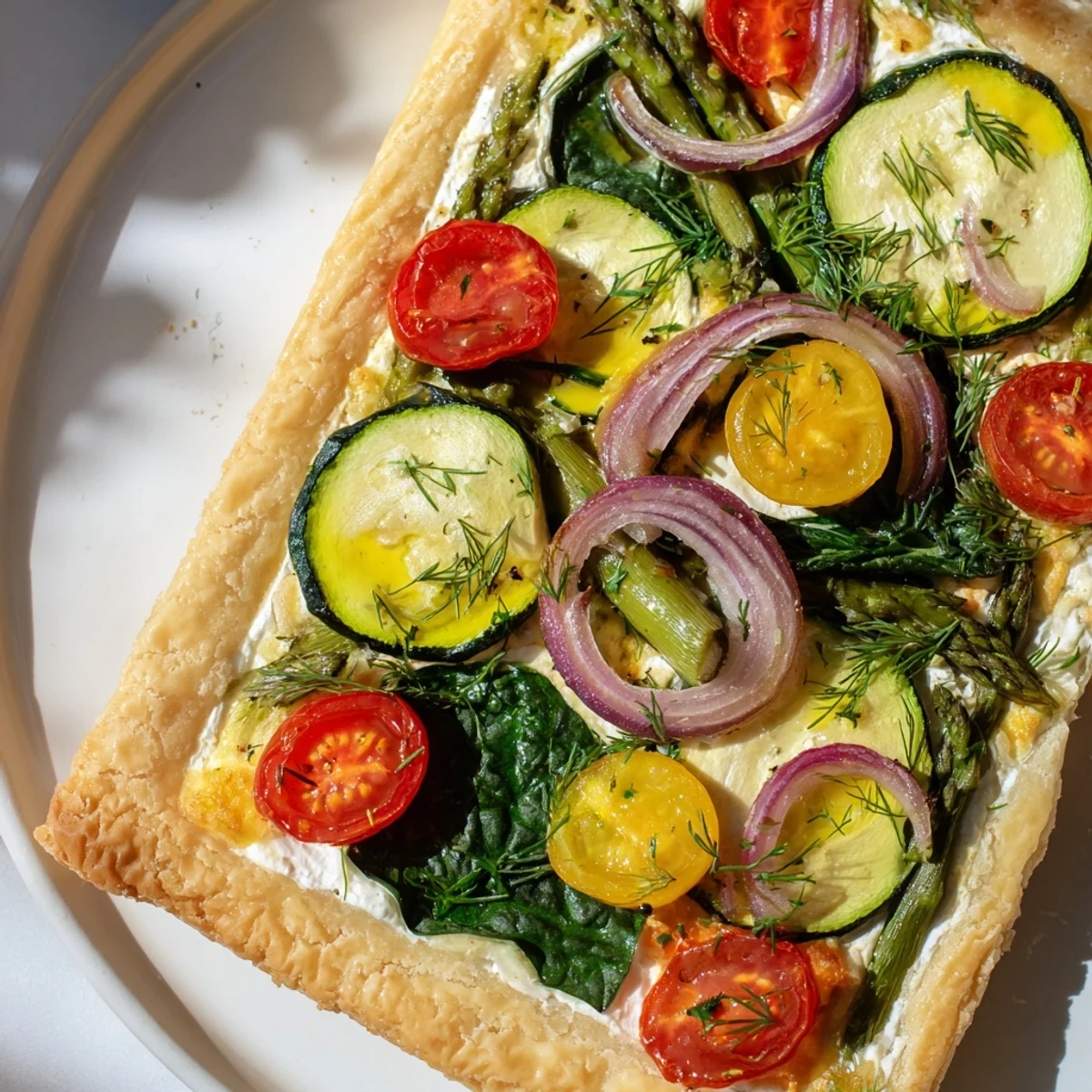 A close-up of a golden, flaky Spring Vegetable Tart with Puff Pastry topped with vibrant zucchini, asparagus, and cherry tomatoes.