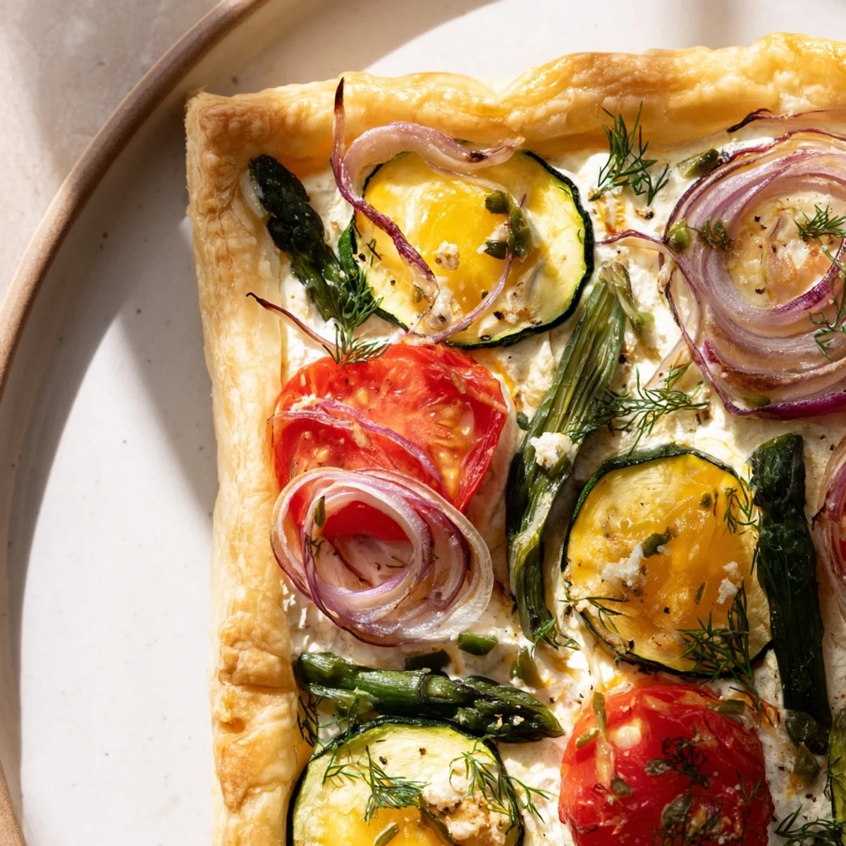 A slice of Spring Vegetable Tart with Puff Pastry is lifted, revealing layers of creamy filling and tender roasted vegetables.